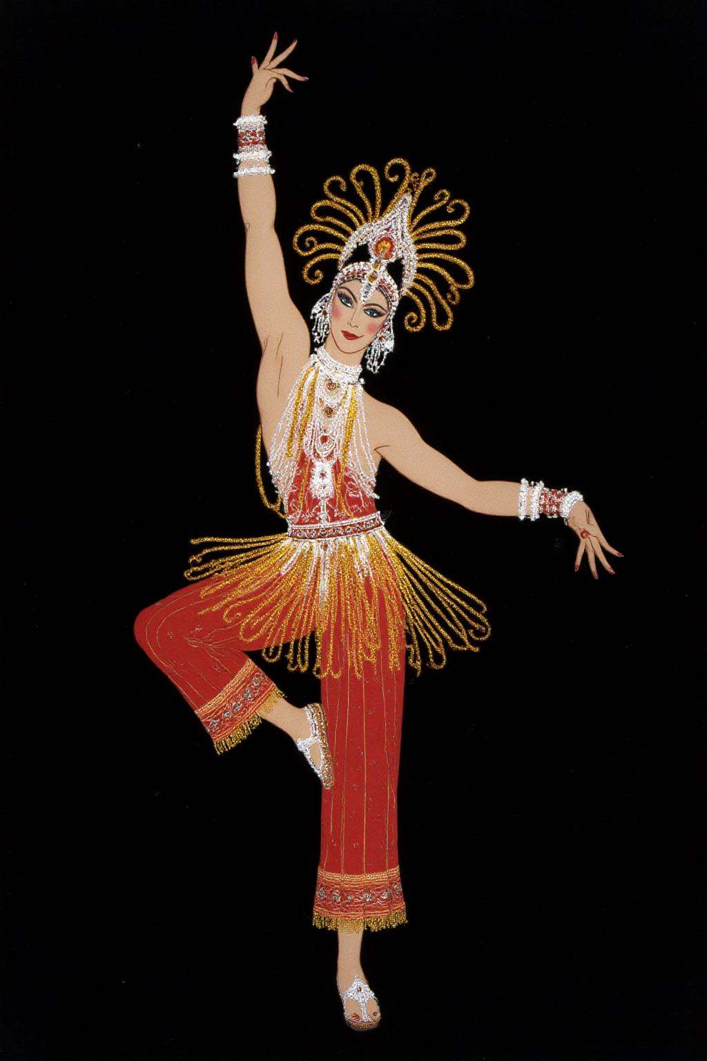erte1 illustration.A dancer is adorned in a vibrant red and gold sleeveless costume with intricate patterns and embellishm...