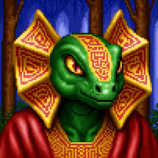 Original HoMM2 style portrait of an anthropomorphic female frilled lizard witch with yellow-red eyes and intricate red pat...