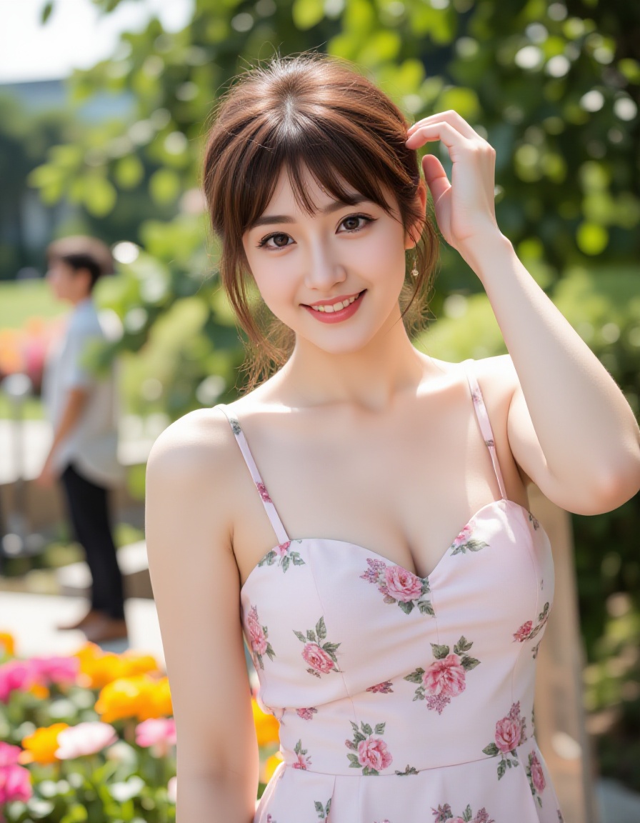 A high quality photo of a young asian woman with fair skin and long brown hair styled in a loose updo with some strands fr...