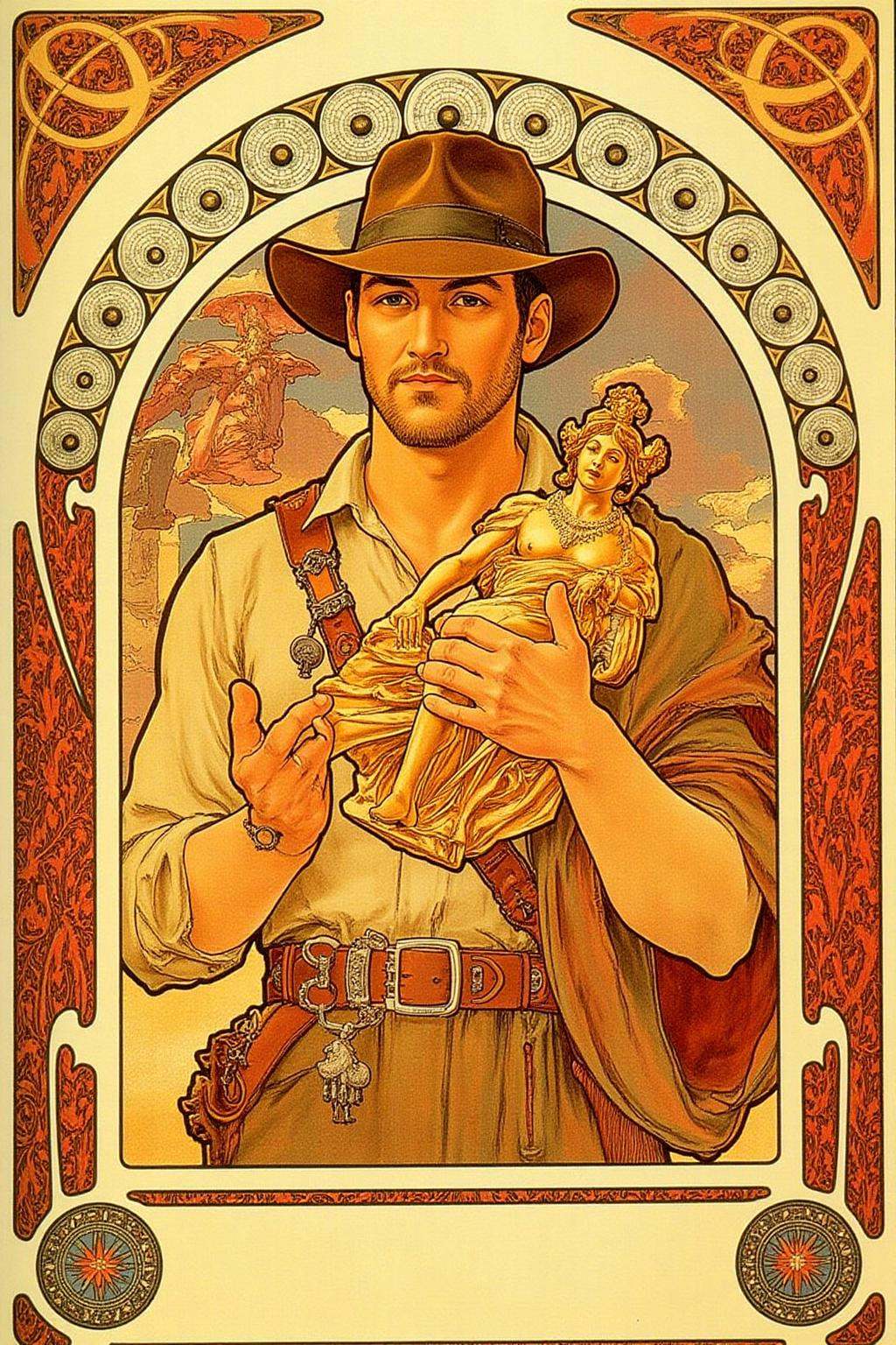 mucha1 Art Nouveau illustration of Indiana Jones Holding a Golden Idol. on Tensor.Art
