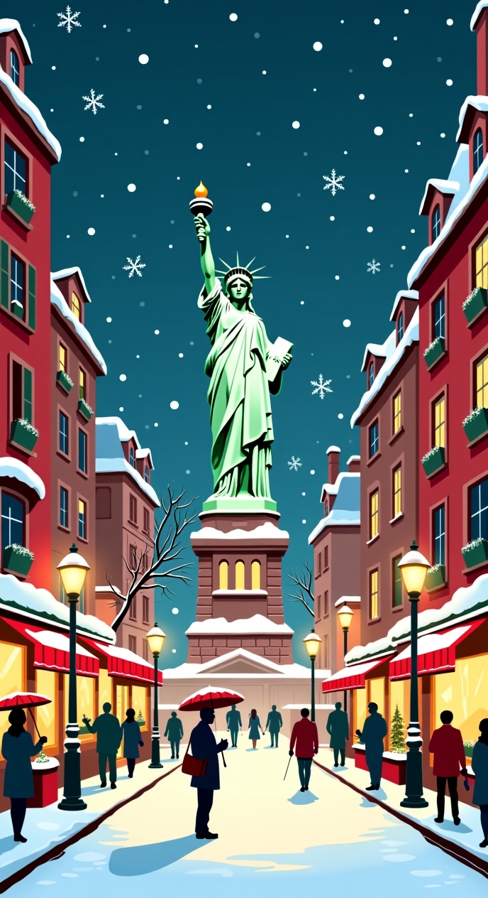 X-1950s,  ((flat illustration style)),  Create an illustration of a romantic winter night scene during the Christmas holid...