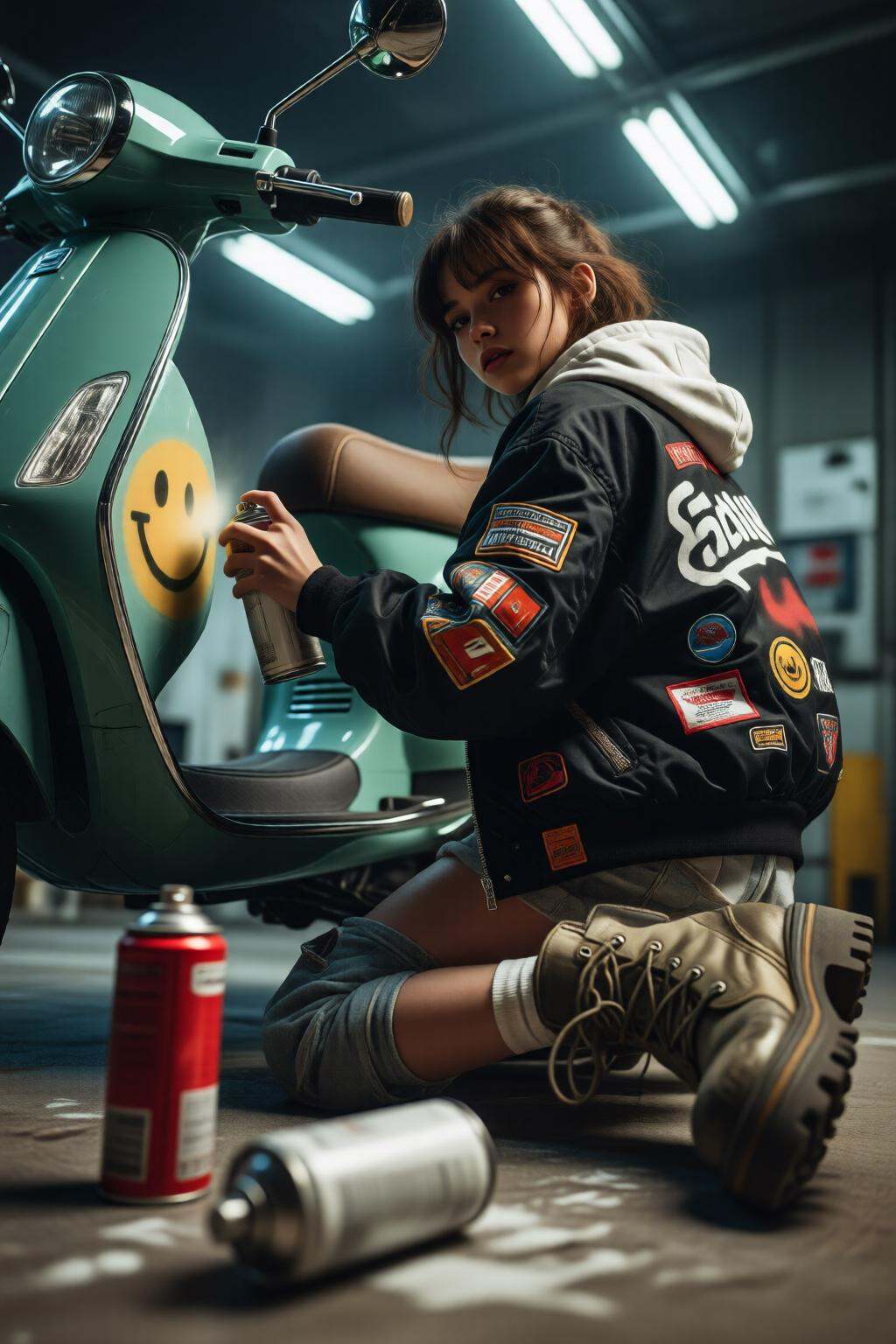 midjourneylowangle11q Low angle shot. A young woman wearing a jacket with a large graphic on the back,  and black shorts w...