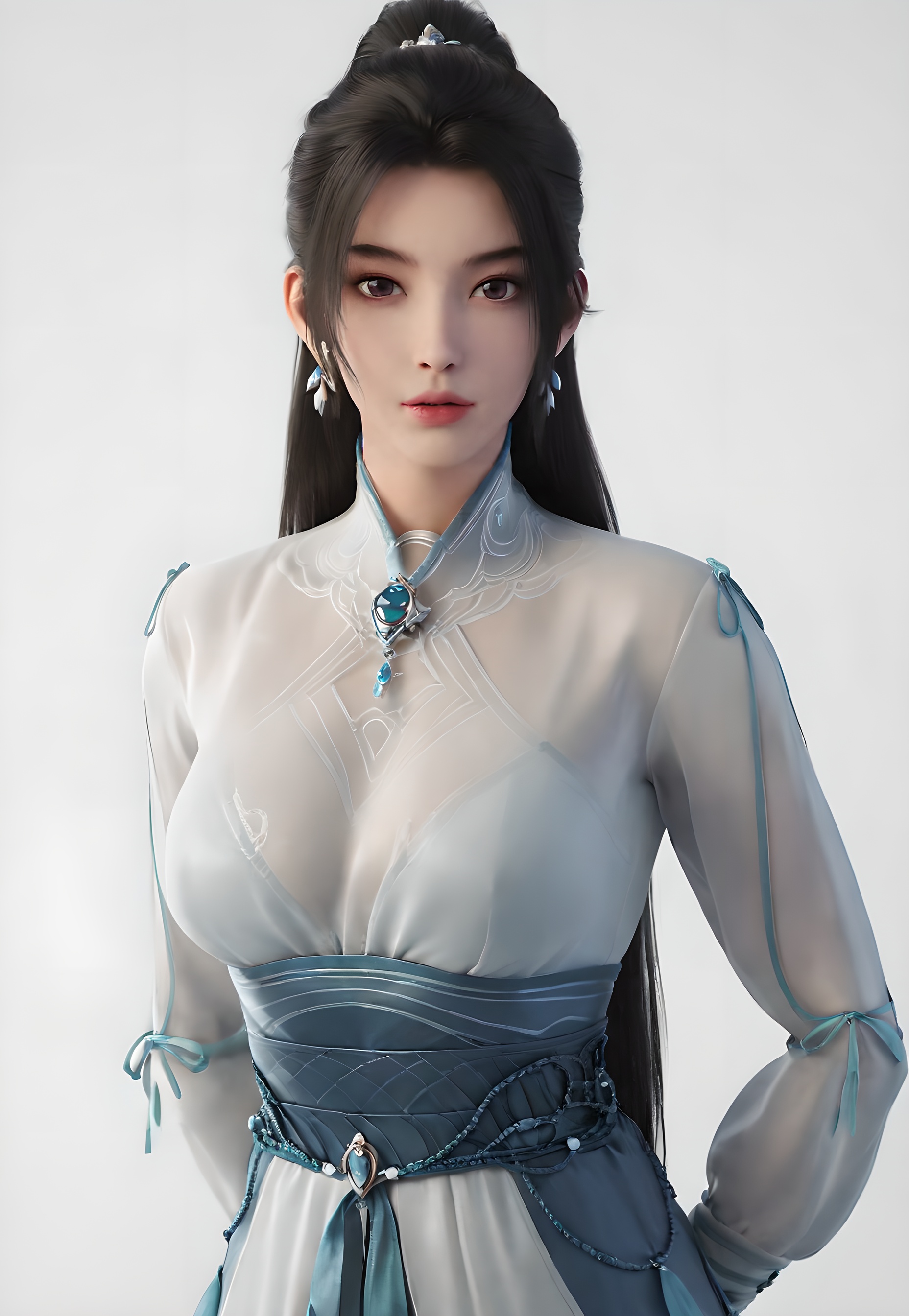 score_9,score_8_up,score_7_up,incredibly absurdres,<lora:SF_NingYao_Pony-000005:0.7>,1girl,solo,dress,large breasts,lips,jewelry,earring,long hair,looking at viewer,white background,full_shot,