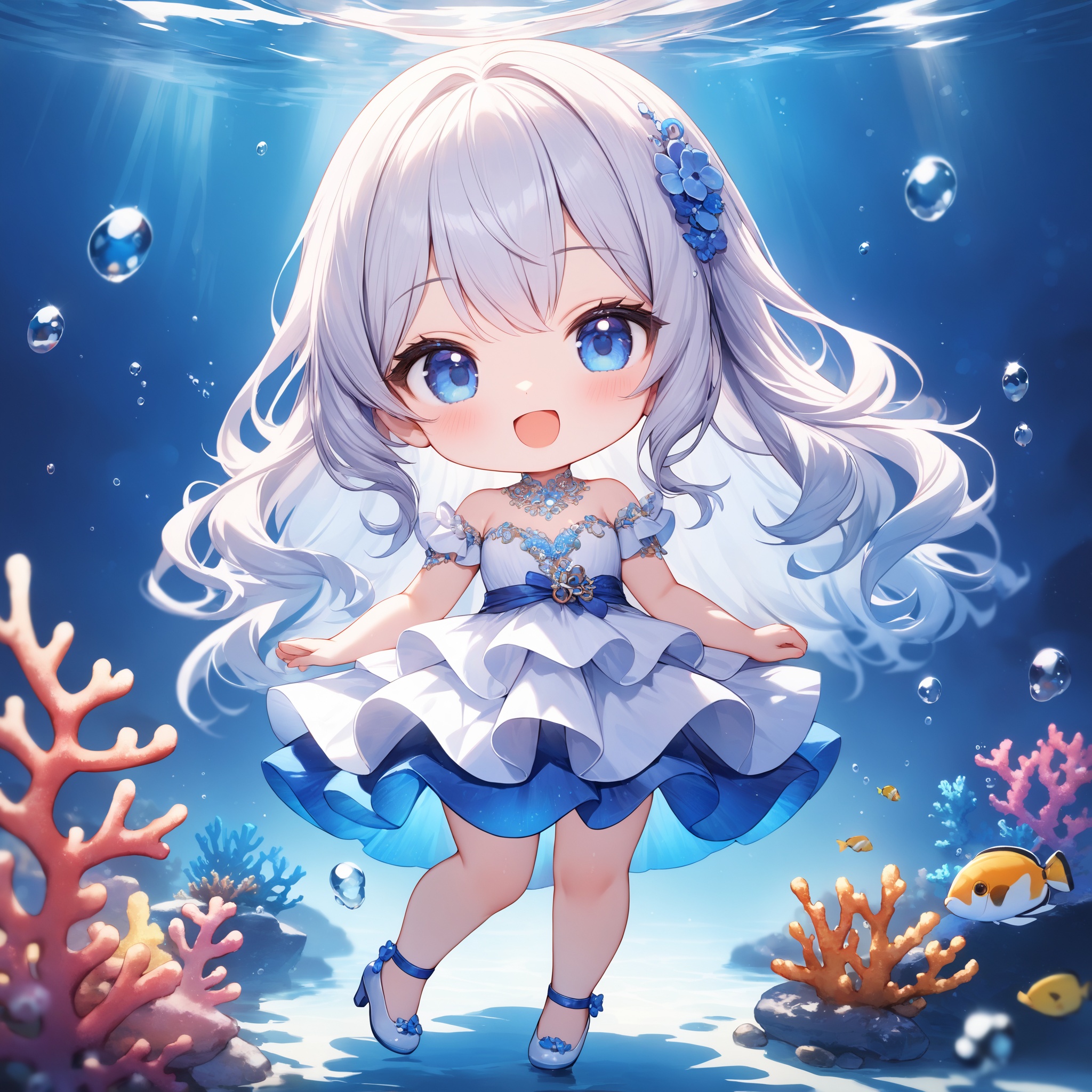 Full body shot. A cute girl. Chibi. Solo. :D. Elegant pose. Looking at viewer. Dark-blue eyes. White hair. Wavy hair. Long...