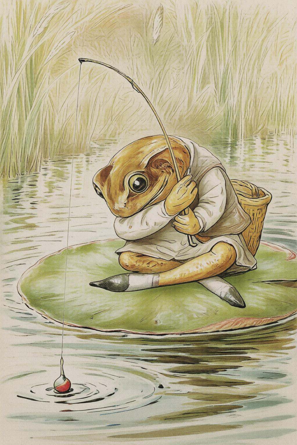 beatrixpotter2q illustration.An anthropomorphic frog in human clothing sits cross-legged on a lily pad in water,  with a w...