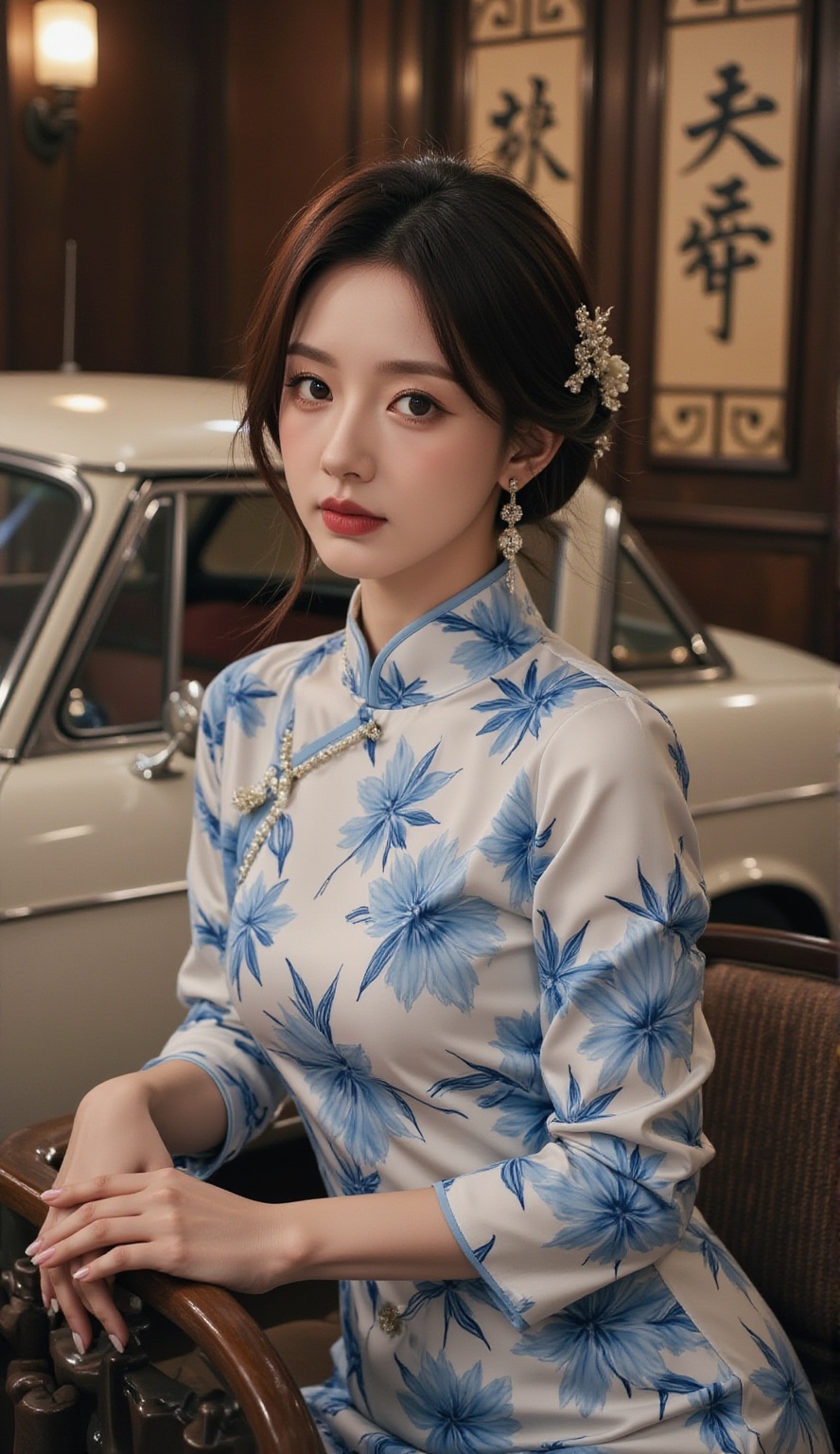 Cheongsam,fog,Cheongsam,Elegance in Motion: A Classic Car and a Timeless Beauty.,