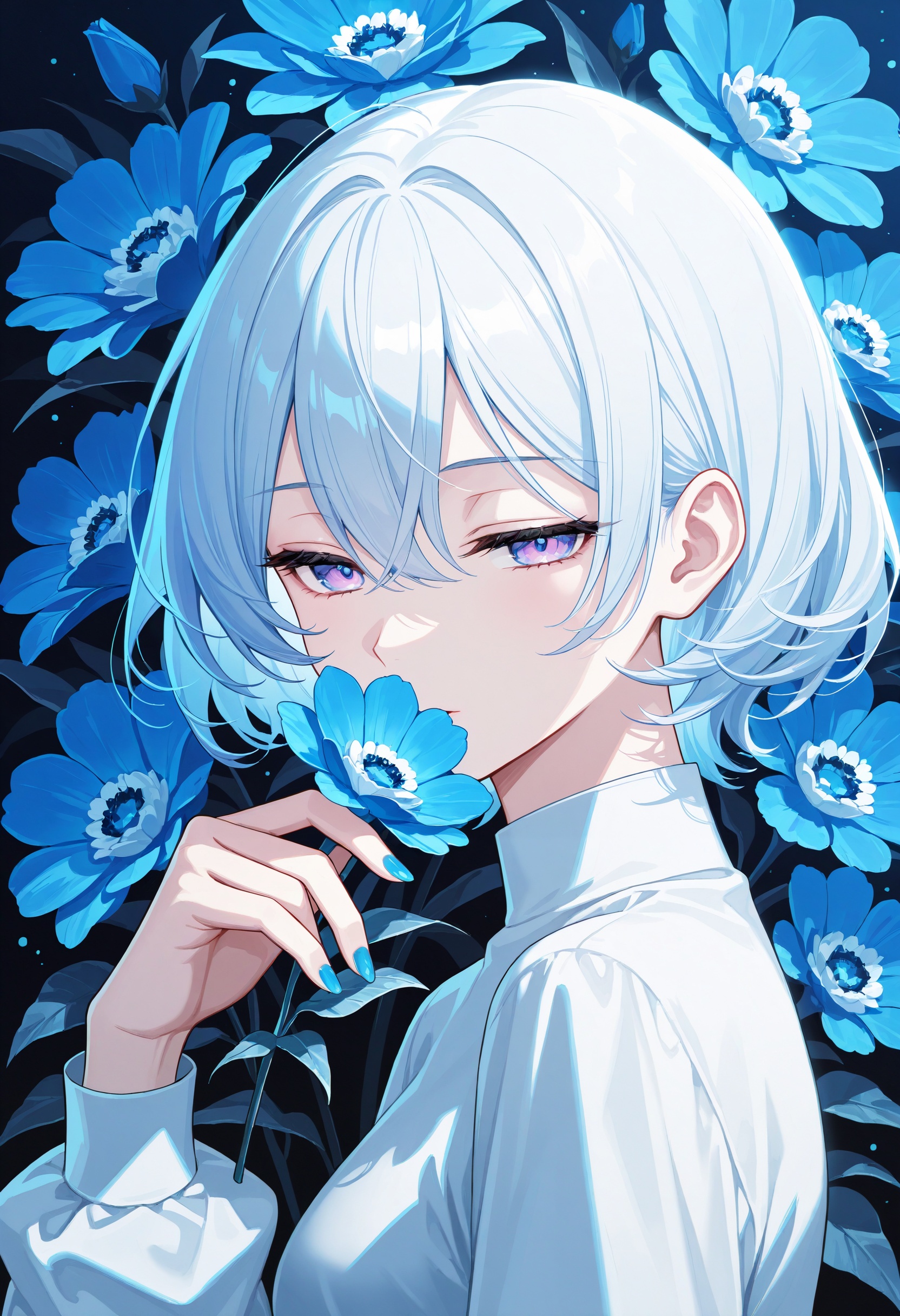 1girl,  looking at viewer,  holding a big blue flower on Tensor.Art