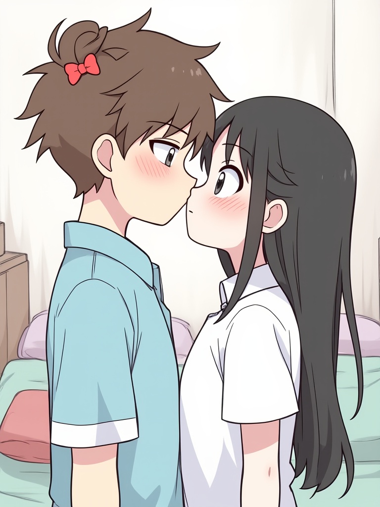 (masterpiece:1.2),(extremely detailed:1.2),(best quality:1.2),(high quality:1.2),(official art:1.2),jbh,<lora:简笔画-智灵-9:0.8>,Anime-style drawing,A digital anime-style drawing of a young man and woman standing close together,facing each other. The man has short brown hair tied back with a red hair tie,and he is wearing a light blue shirt. The woman has long black hair and is wearing a white shirt. Both characters have blushing cheeks,and the woman's eyes are wide open,looking up at the man. The background is a simple bedroom with a bed and pillows,and the lighting is soft and even. The camera angle is a close-up,focusing on the characters' faces and upper bodies. The drawing has a clean and polished style,with smooth lines and soft shading. The overall mood is intimate and slightly romantic. The characters' expressions suggest a moment of shared emotion or connection. The image has a warm and gentle color palette,with muted tones and soft highlights.,
