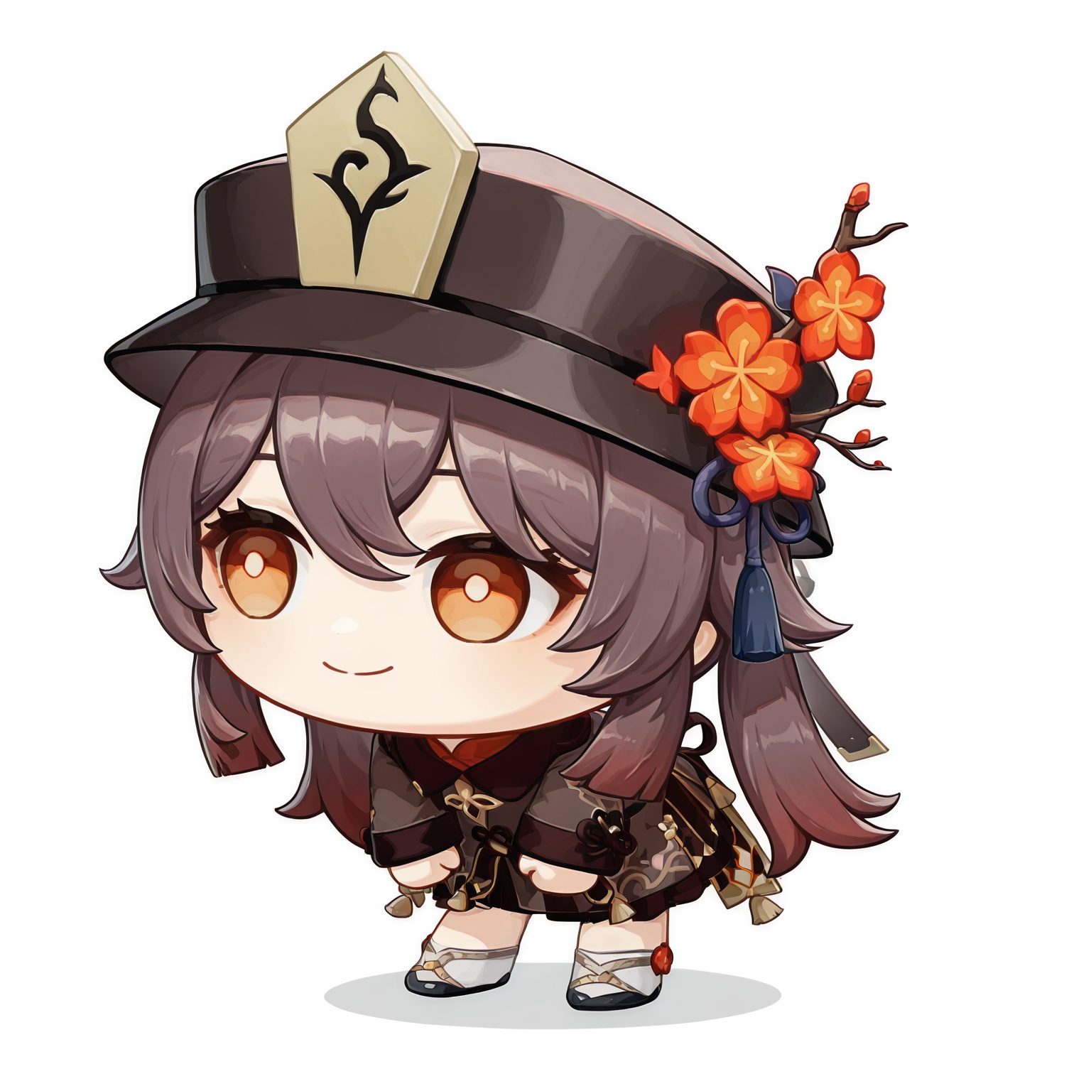 <lora:Brain Rot v0.9_noob:1.2>,solo,smile,1girl,full body,closed mouth,standing,chibi,leaning forward,white_background,looking_away,hutao \(genshin impact\),