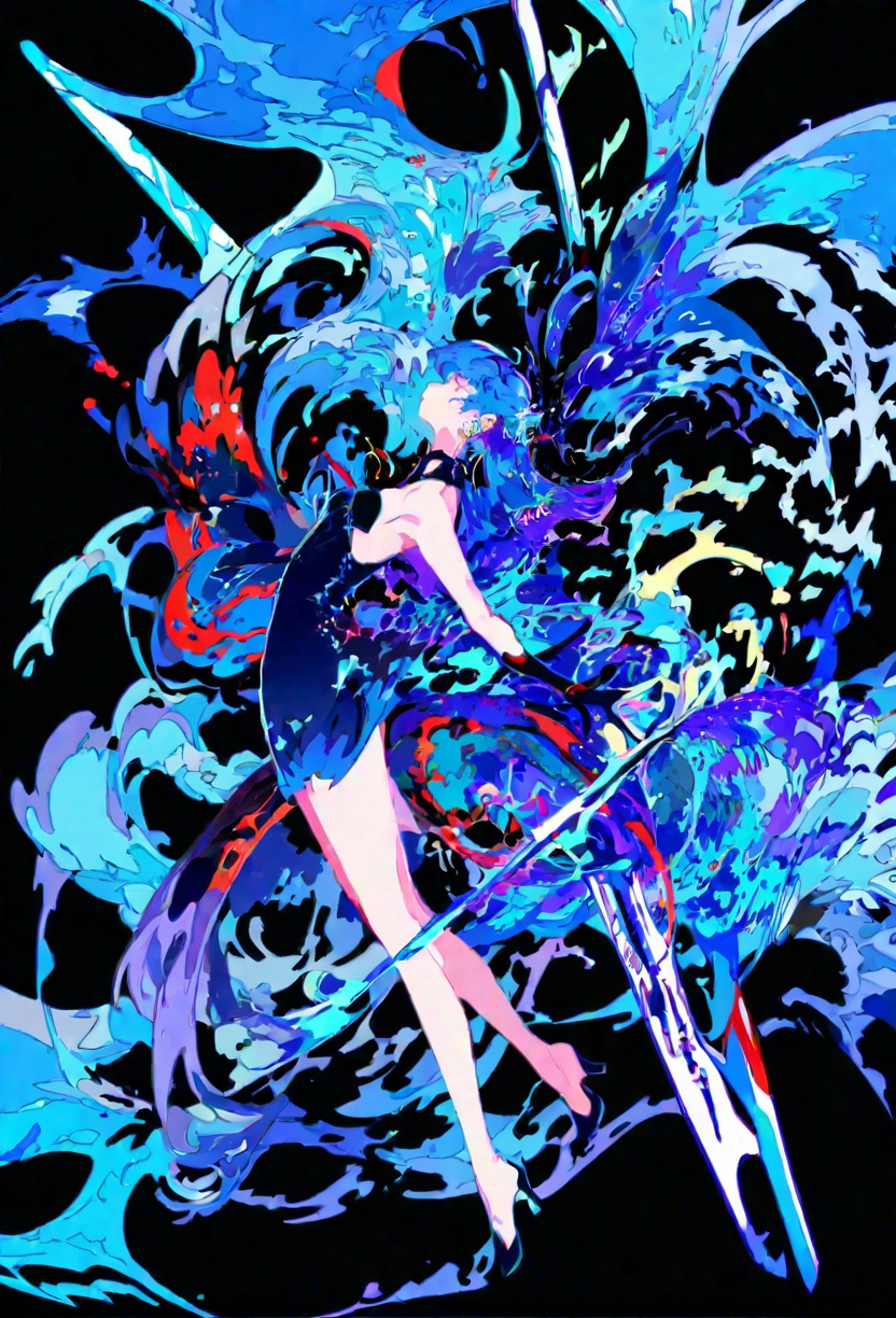 1girl, qk1, colorful, solo, black background, sparkle, dress, long hair, blue hair, abstract, profile, earrings, breasts, full body, simple background, from side, jewelry, small breasts, bare legs, very long hair, sleeveless, high heels, floating hair, blue theme, standing on one leg, sword, gloves, sleeveless dress, star \(symbol\), blunt bangs, red eyes, black gloves, standing, weapon, bare shoulders, gradient background, fingerless gloves,A young girl with long, flowing hair. she is wearing a black and white dress with a red star on her head. the sword on either side of her is long and pointed, with a blue blade. the background is dark blue, and there are small yellow stars scattered around the girl.masterpiece, best quality, newest, absurdres, safe <lora:okra_v2.0-000014:1>