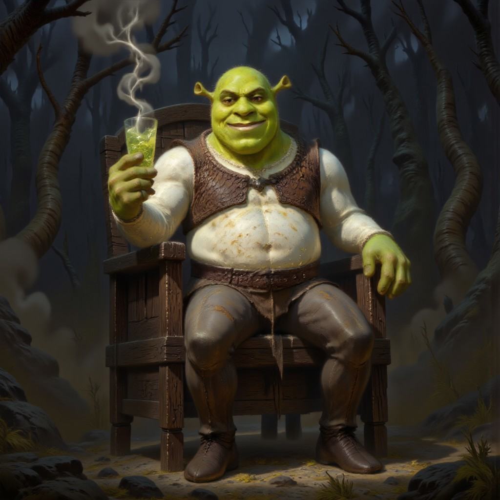 DFOP-V3.0 style dark fantasy oil painting that features Shrek sitting on a chair in his swamp,  Shrek smiles and looks at...