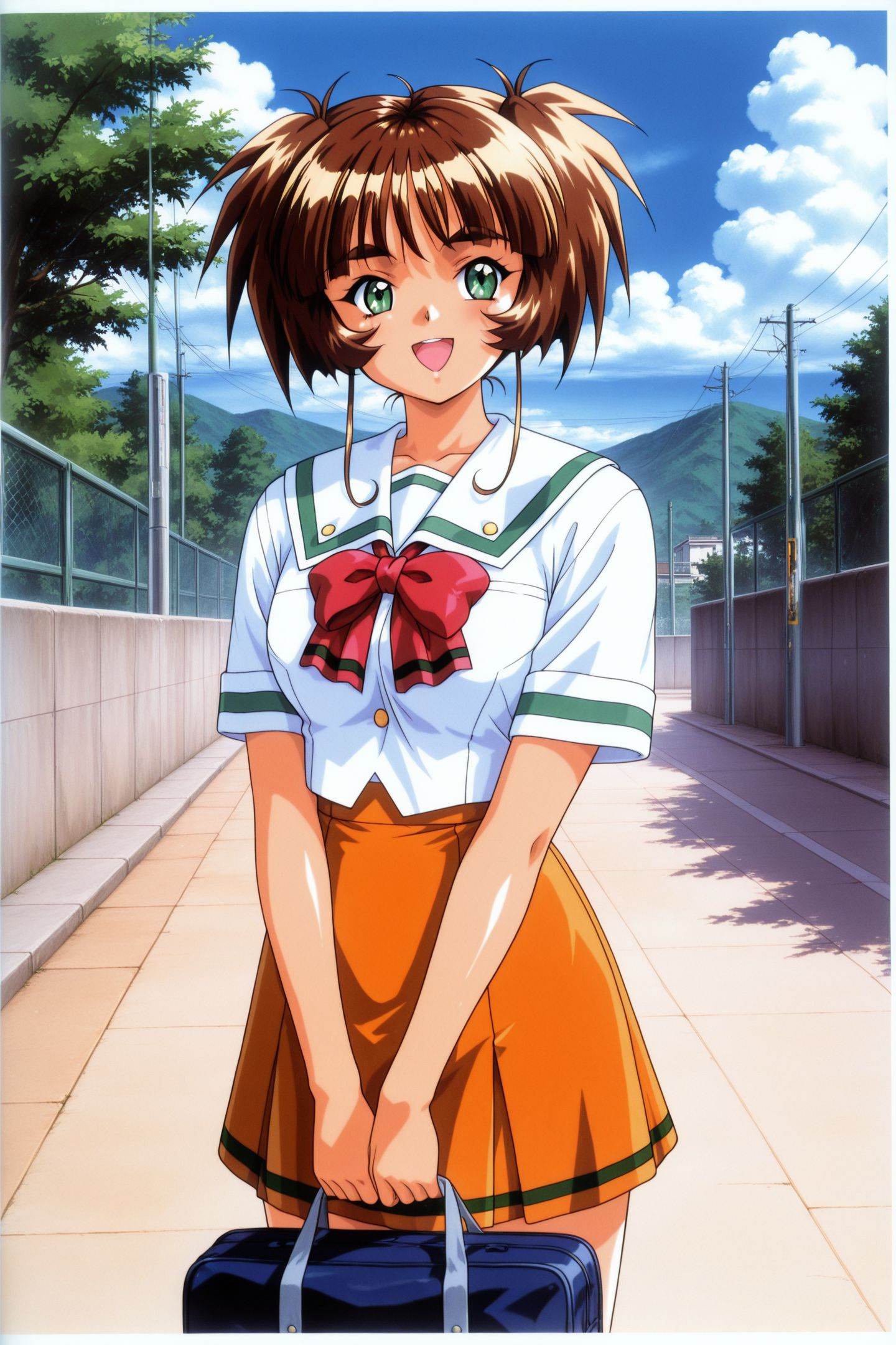 Original Style,Ichimonji Akane,1girl,solo,school uniform,brown hair,skirt,green eyes,orange skirt,short hair,day,outdoors,open mouth,school bag,smile,sky,bow,cloud,short sleeves,holding,<lora:Tokimeki Memorial 2_illustriousXL_v2:1>,