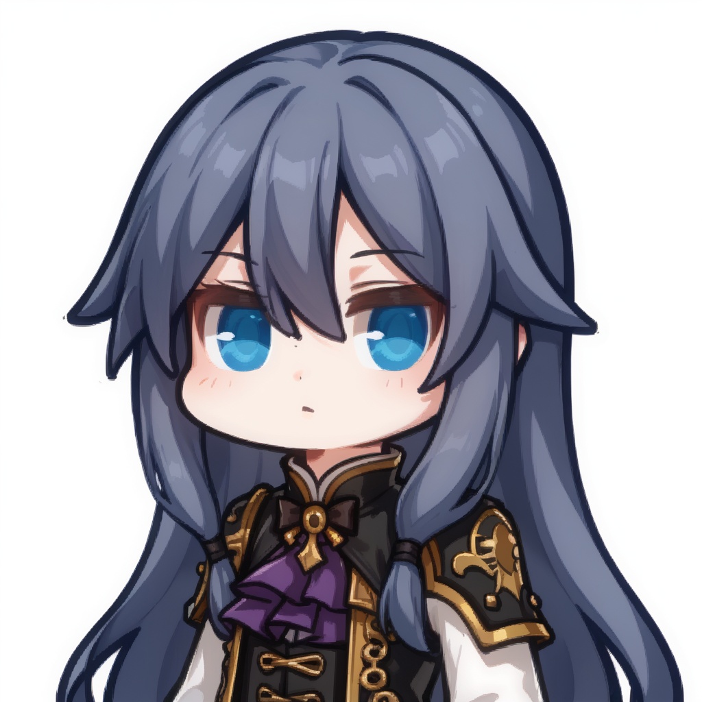 (white background:1.2),looking at viewer,(SOLO:1.4),outline,simple background,upper body, cowboy shot,looking at viewer,(((arms at side))),  fu hua, fu hua mangaver, long hair, bangs, blue eyes, hair between eyes, grey hair, blue hair,chibi<lora:shuangziruqinver-pony:0.8>