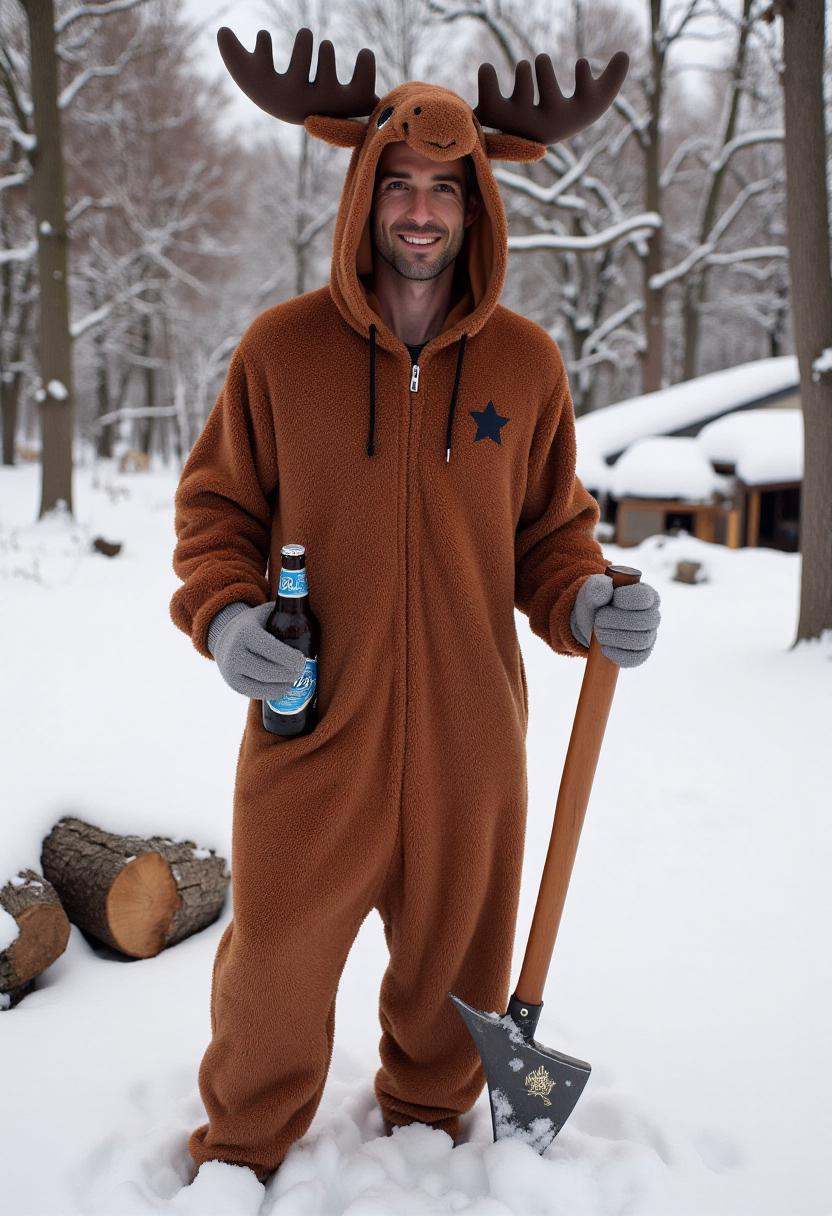 Photograph featuring a Canadian man wearing a plush onesie with a hood and antlers designed to resemble a moose,  standing...