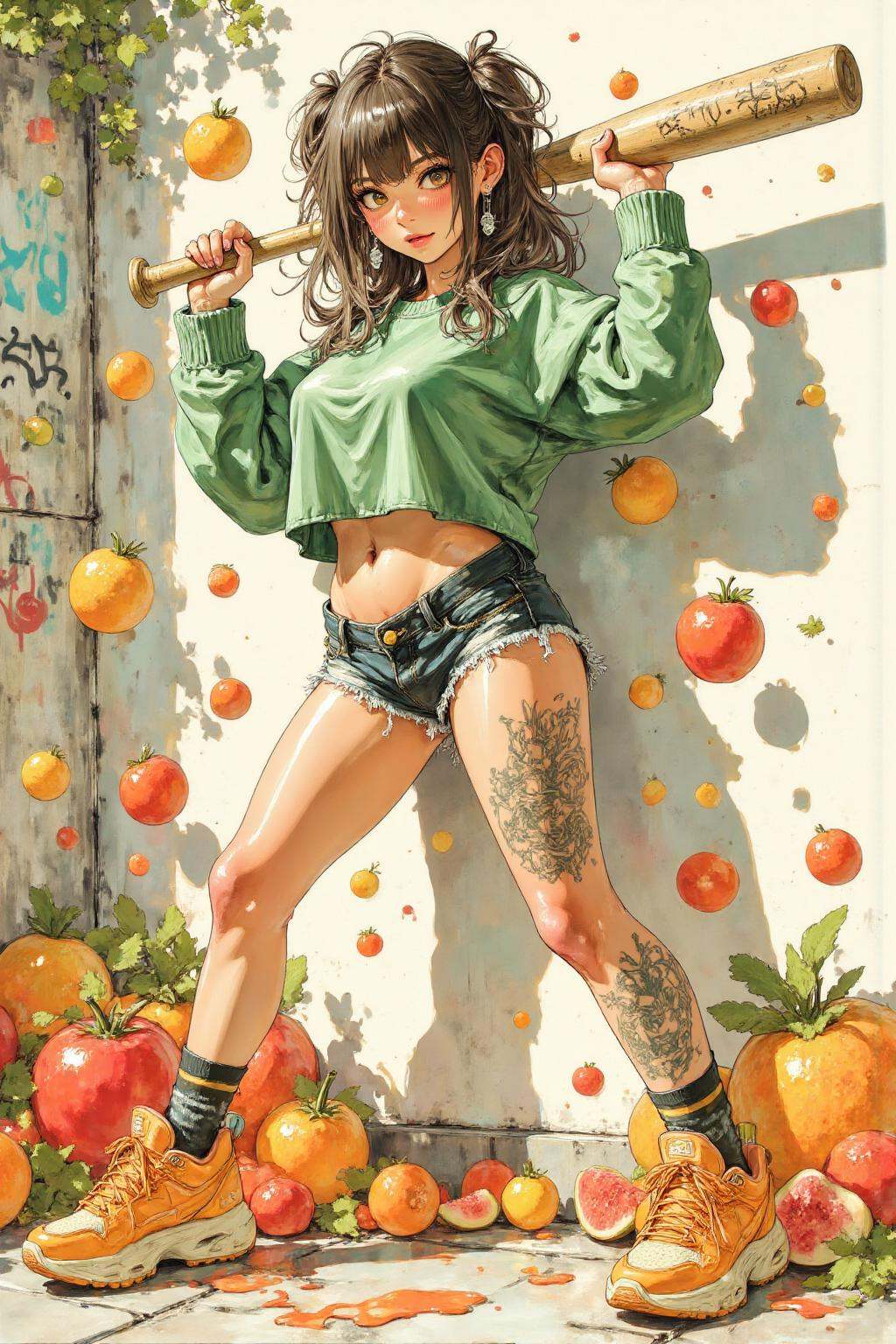 nijiwatercolor2 anime illustration.liquid splash,  cartoonish juicy fruits chaos,  dynamic pose on Tensor.Art