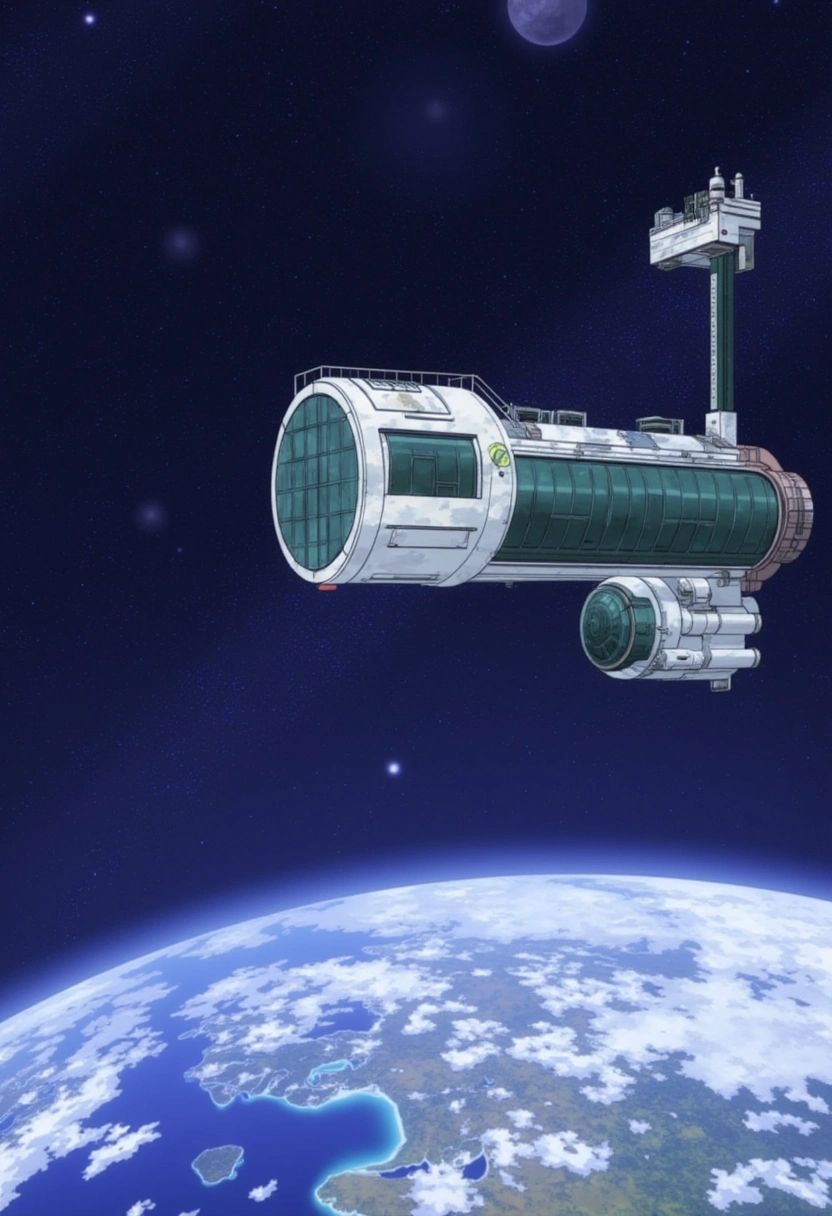 A futuristic space station orbiting a distant planet,  with large observation windows overlooking the stars and the planet...