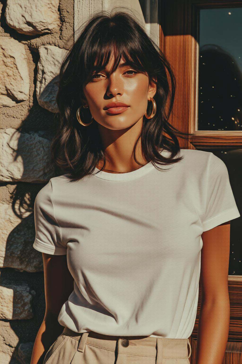 midjourneymix10q photographA woman in a plain white t-shirt and light-colored pants,  standing in front of a stone wall wi...