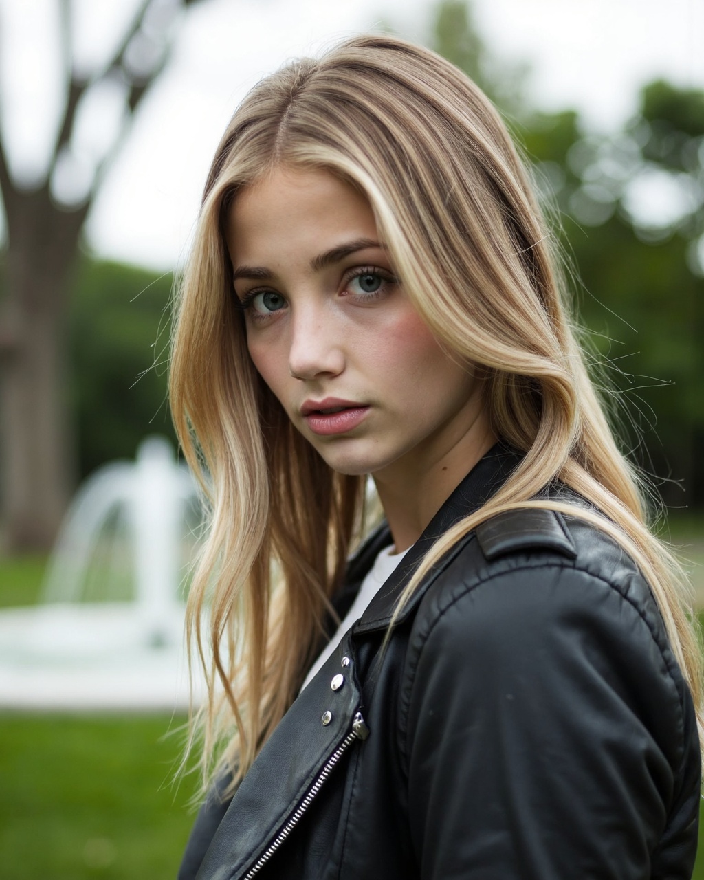 A high-resolution photograph capturing emily_rudd with long,  straight,  blonde hair. She stands outdoors in a park-like s...