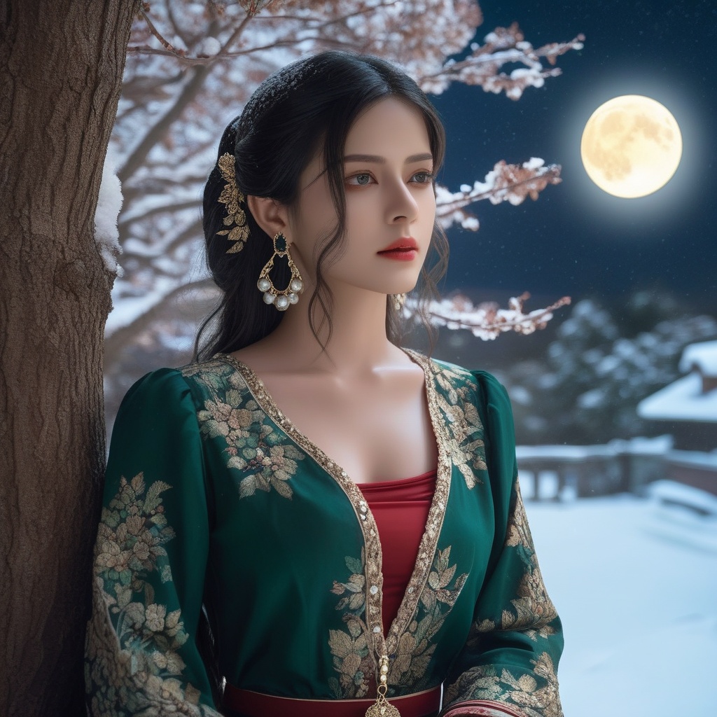 (,1girl, ,best quality, ),,  picture-perfect face,   clean, masterpiece,     cinematic lighting, cinematic bloom, fantasy,  , unreal, science fiction, ((,1girl, pov,))(((,tree, 1girl, full moon,snowing,snow ,solo,     solo focus,  long_hair, looking_at_viewer,  )))  (rich:1.4,)     prestige, luxury, jewelry, diamond, gold, pearl, gem, sapphire, ruby, emerald, intricate detail, delicate pattern, charming, alluring, seductive, erotic, enchanting, hair ornament, necklace, earrings, bracelet, ,(sit), <lora:823-DA-XL-国模-恶女-VIVI:0.8>,