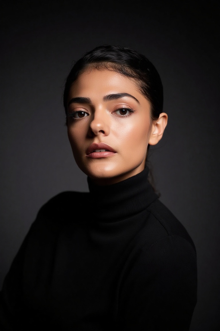 Create a close-up,  high-fashion portrait of a woman with striking eyes and a calm,  confident expression. She wears a sop...
