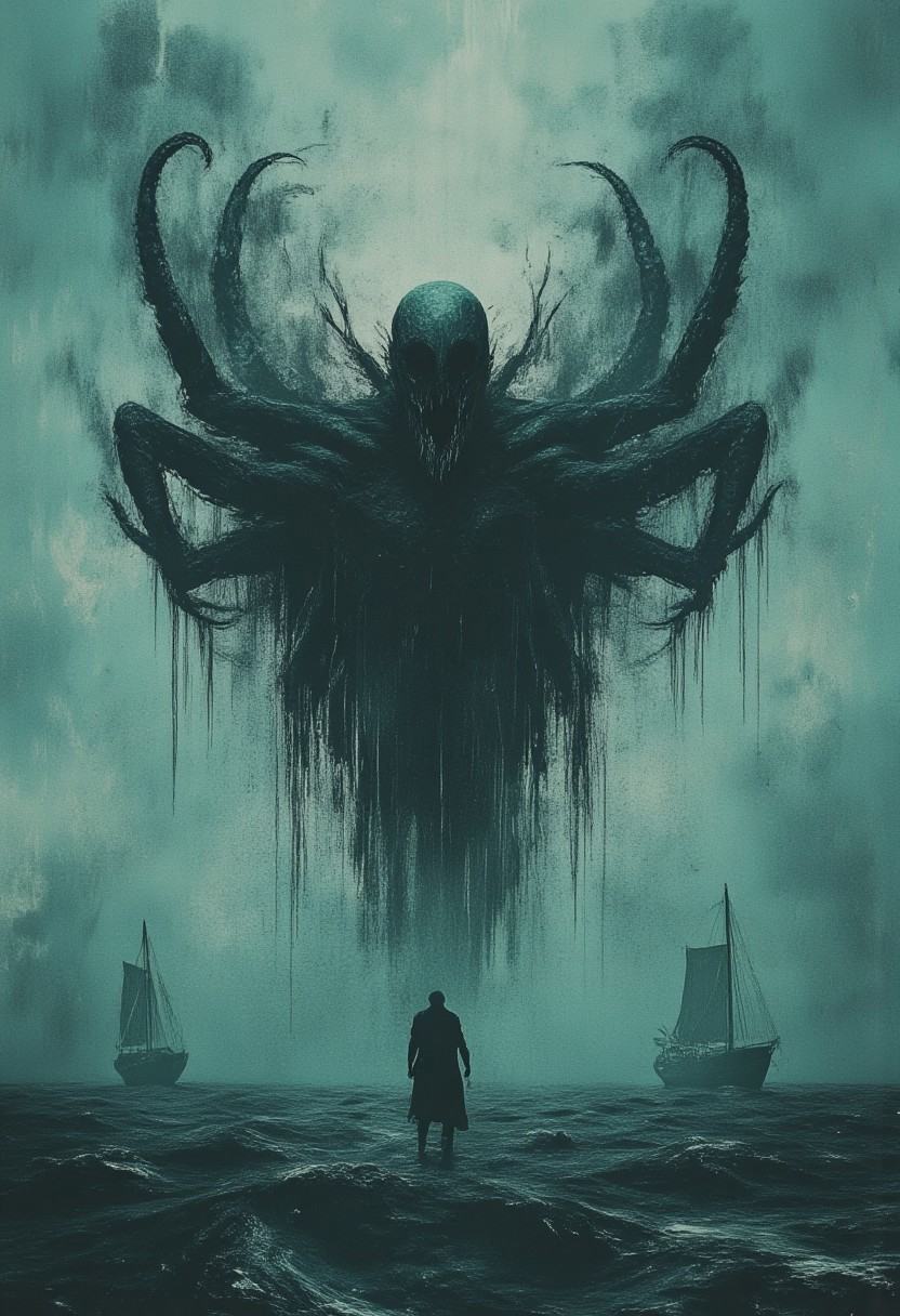 dark digital art of a sailboat in heavy sea,  surreal and abstract,  monster tentacles coming out of water on Tensor.Art