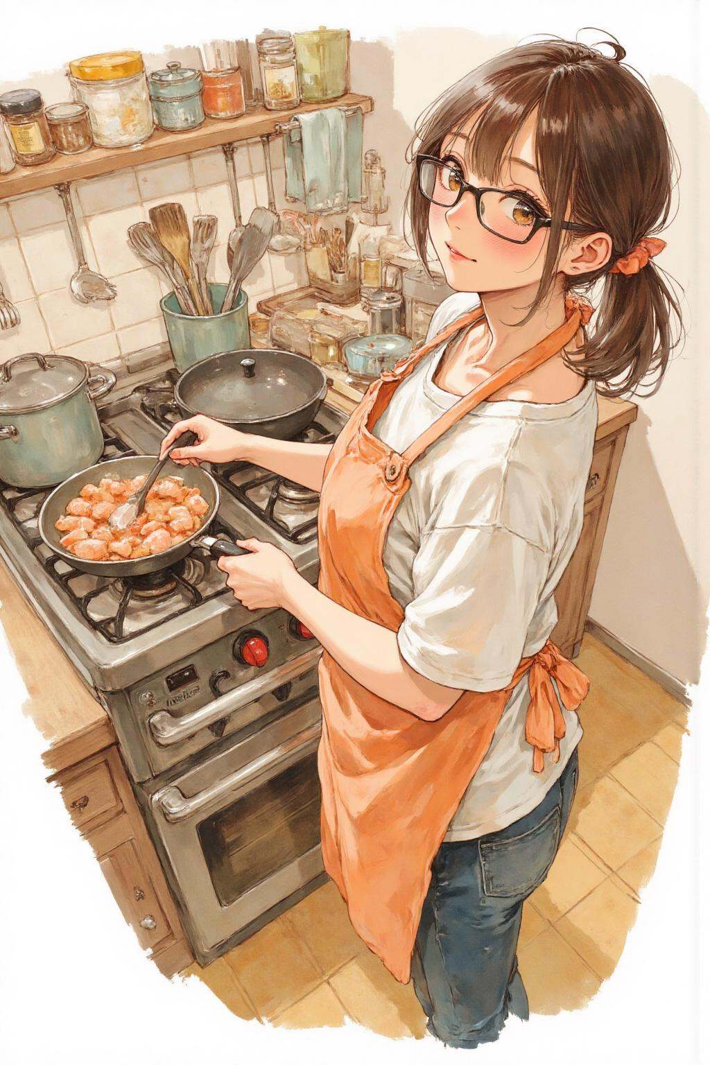 nijiwatercolor1q anime illustration.Overhead view of a girl standing in a kitchen,  wearing an orange apron and glasses. S...
