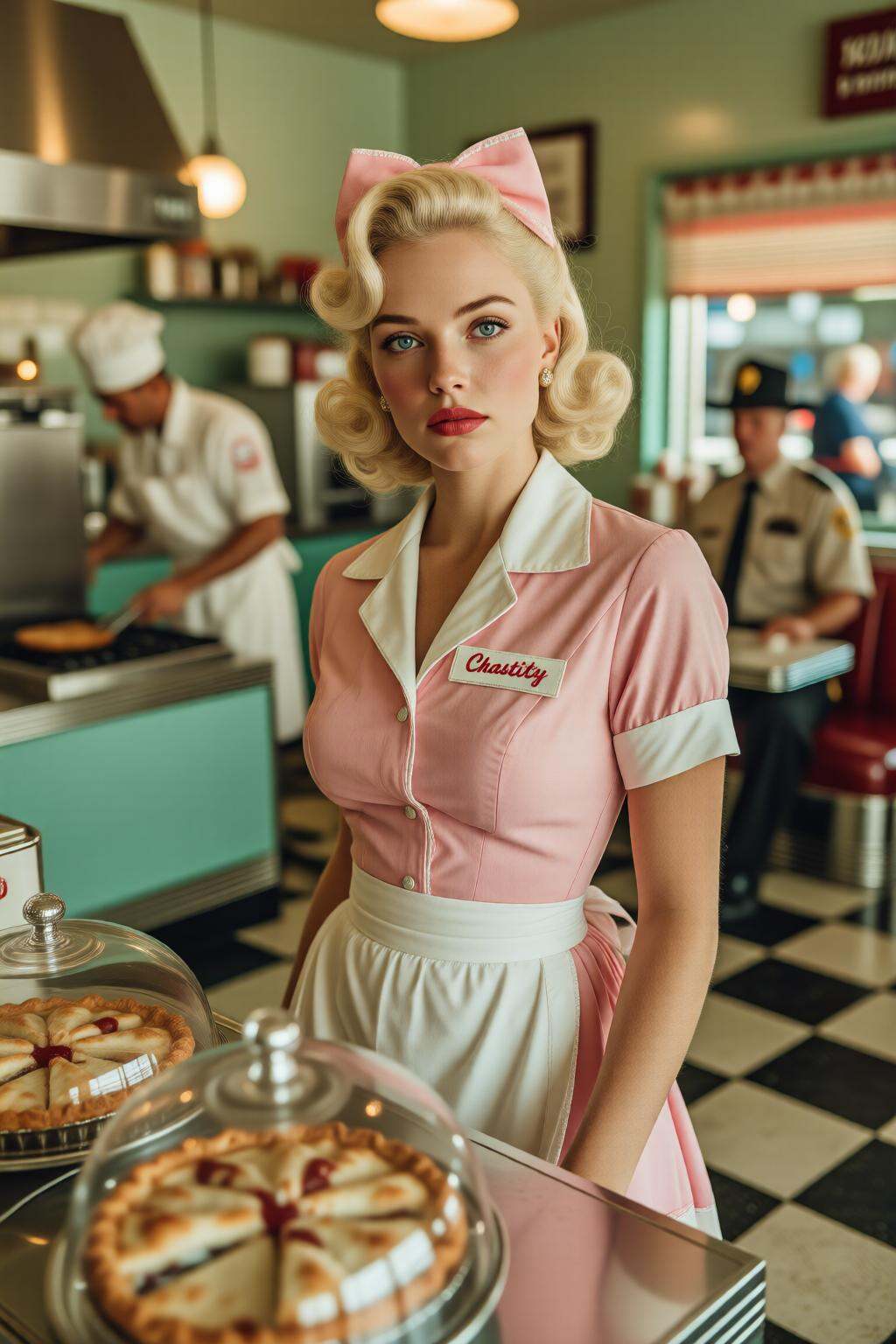 midjourneymix10q photographSilmas. A waitress named "Chastity" standing behind the formica counter of a sun-drenched,  cla...