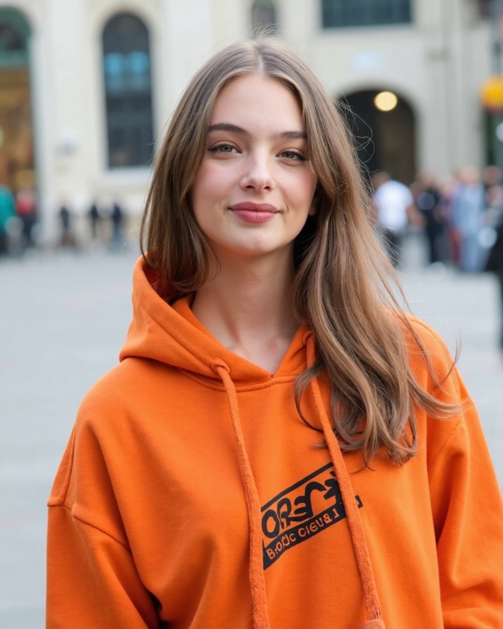 A high-resolution photograph of deva_cassel with light skin and striking hazel eyes,  set against a blurred urban backgrou...