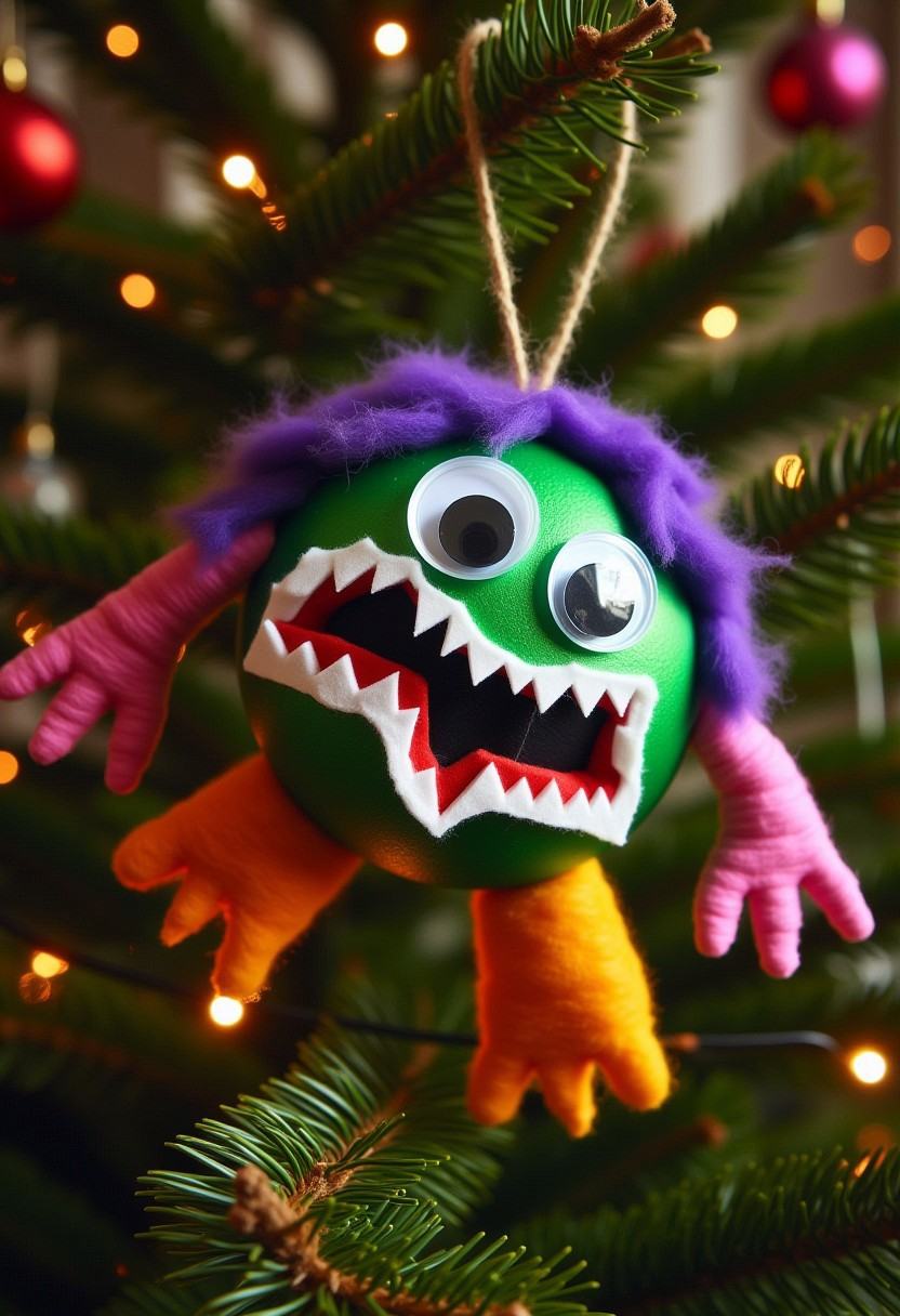 Photograph of a festive,  whimsical,  handmade Christmas decoration in the form of a frightening monster on Tensor.Art