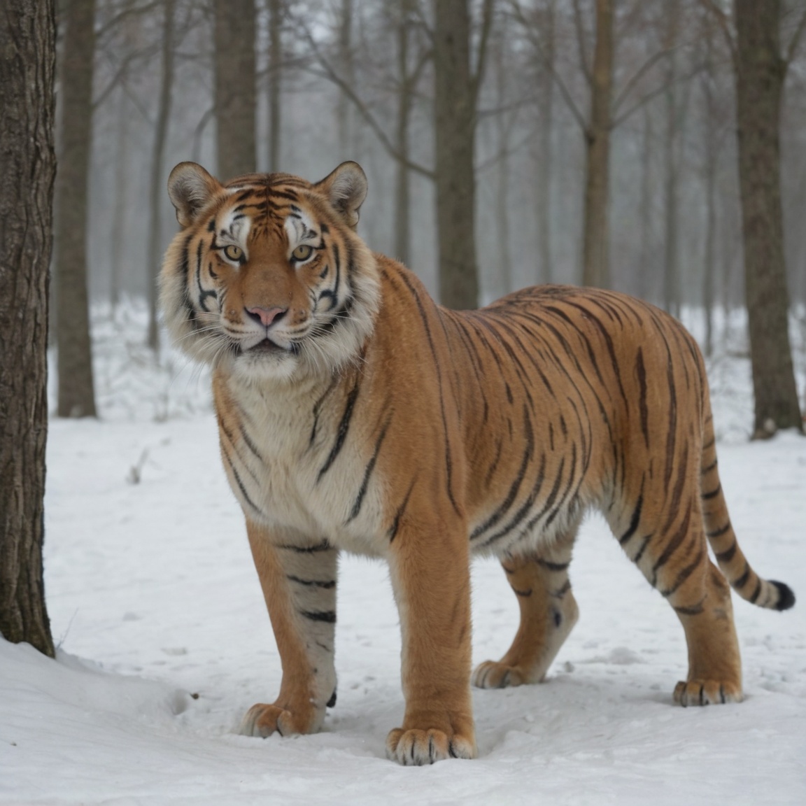 A majestic Siberian tiger prowling through a snowy forest. Its orange and black striped coat glistens in the dappled sunli...