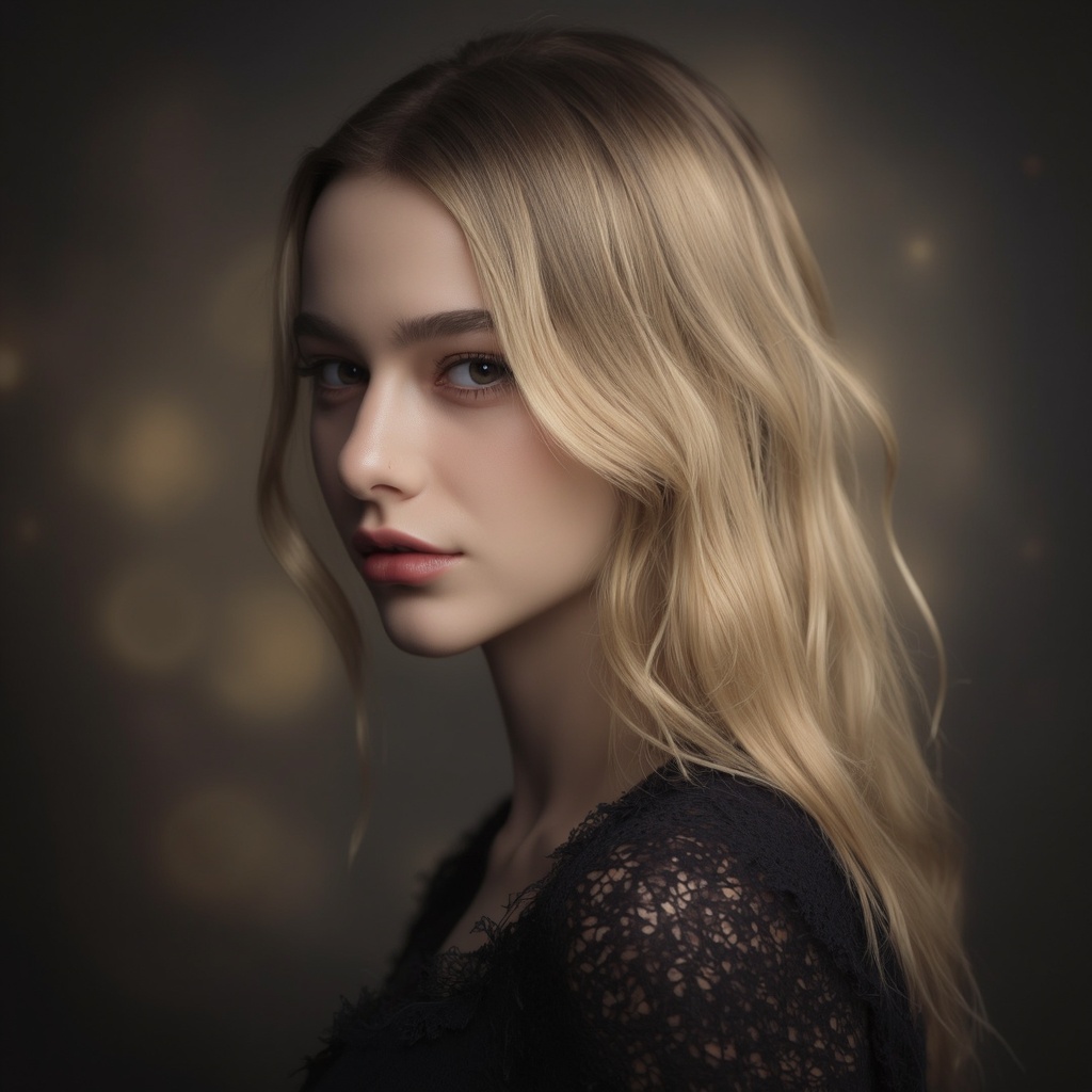 A portrait of dasha_taran,  captured in a side profile. She has long,  wavy blonde hair and wears a dark on Tensor.Art