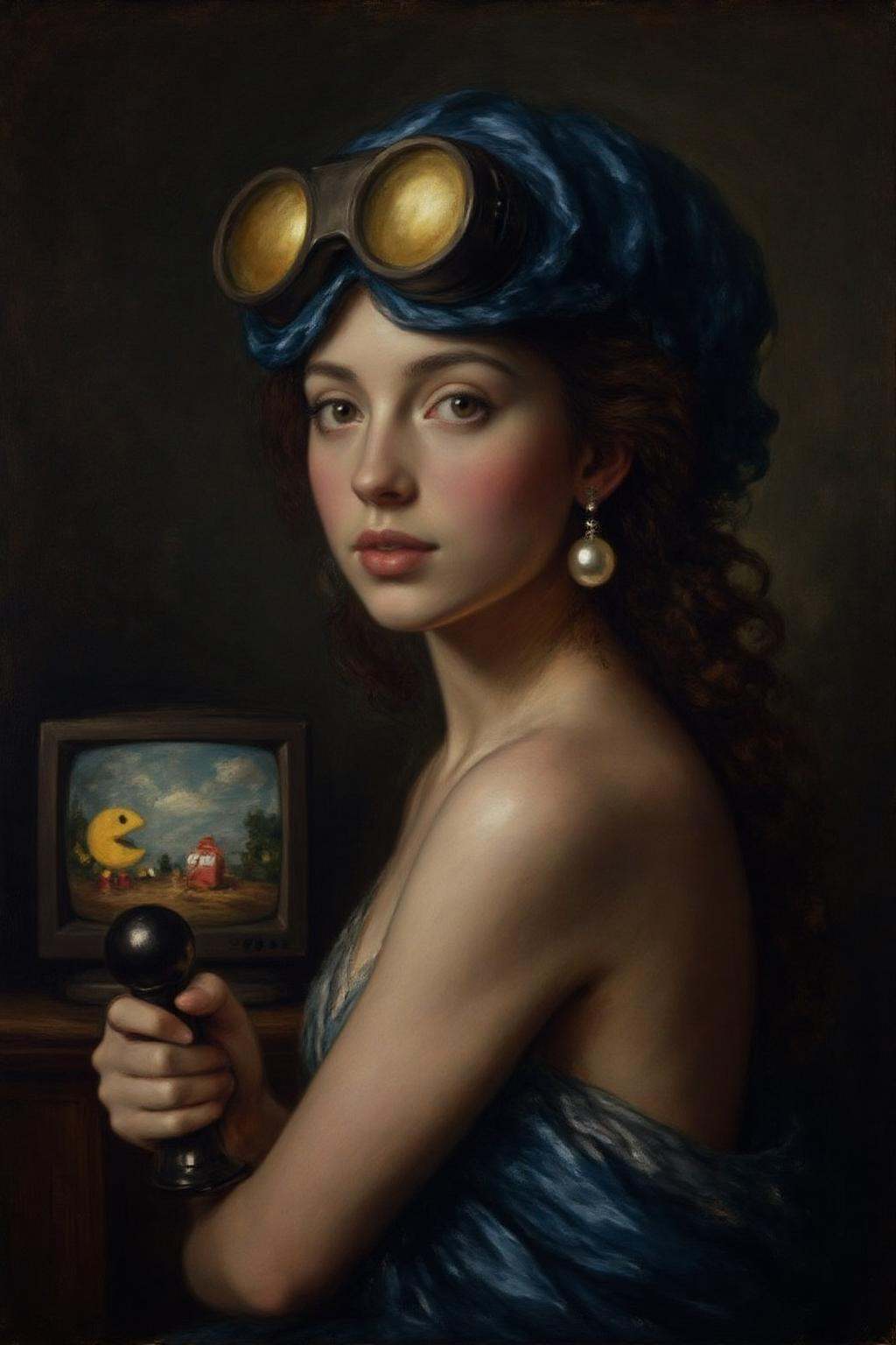 gainsbo1 painting of a young woman turned slightly toward the viewer,  She wears a deep blue VR Headset with golden yellow...