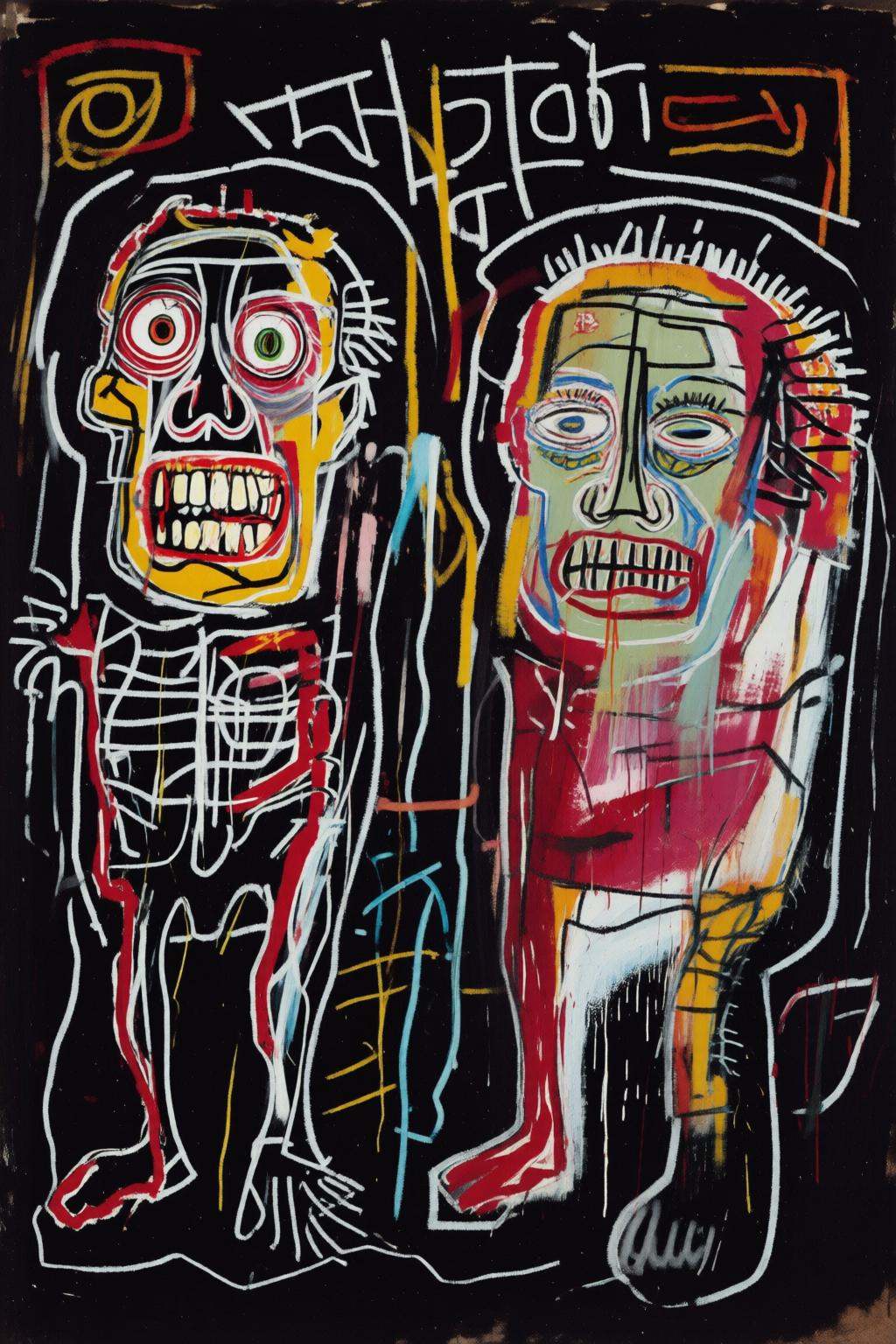 jeanmichelbasquiat2q painting.Two distorted human figures on a black background. The figure on the left has a yellow face,...