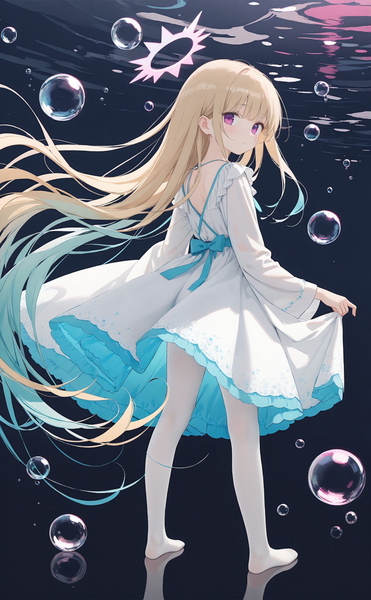 masterpiece,best quality,high quality,(colorful),artist Alens,Artist torino aqua,Artist\:ciloranko,Artist hiten \(hitenkei\),artist wlop,artist tianliangduohefangdongye,loli,1girl,solo,long hair,halo,dress,white dress,very long hair,absurdly long hair,full body,looking at viewer,multicolored hair,colored skin,liquid hair,long sleeves,looking back,wide sleeves,purple eyes,white pantyhose,barefoot,soles,blonde hair,from behind,pantyhose,blue hair,gradient hair,standing,pink eyes,aqua hair,expressionless,white skin,grey hair,water,floating hair,bubble,two-sided fabric,short dress,green skin,