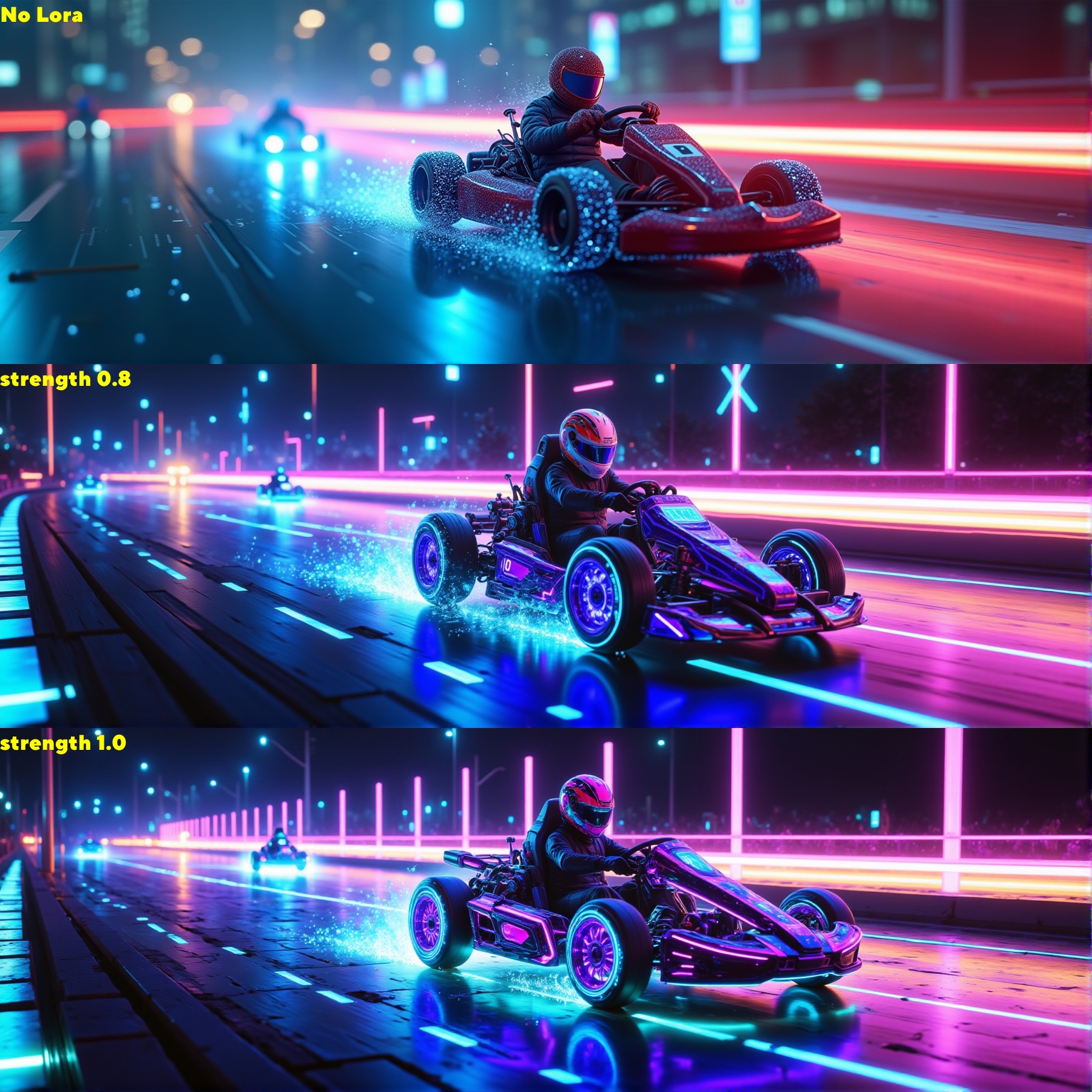 In a whimsically Sci-fi scene,  a digital Michael Weatherly Kart race materializes in a tilt-shift photograph. The main su...