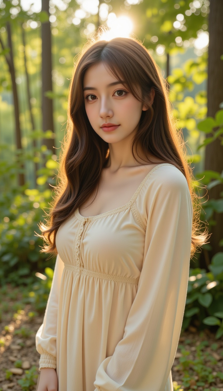 A young woman with long,  wavy brown hair and fair skin stands in a sunlit forest,  wearing a light beige on Tensor.Art
