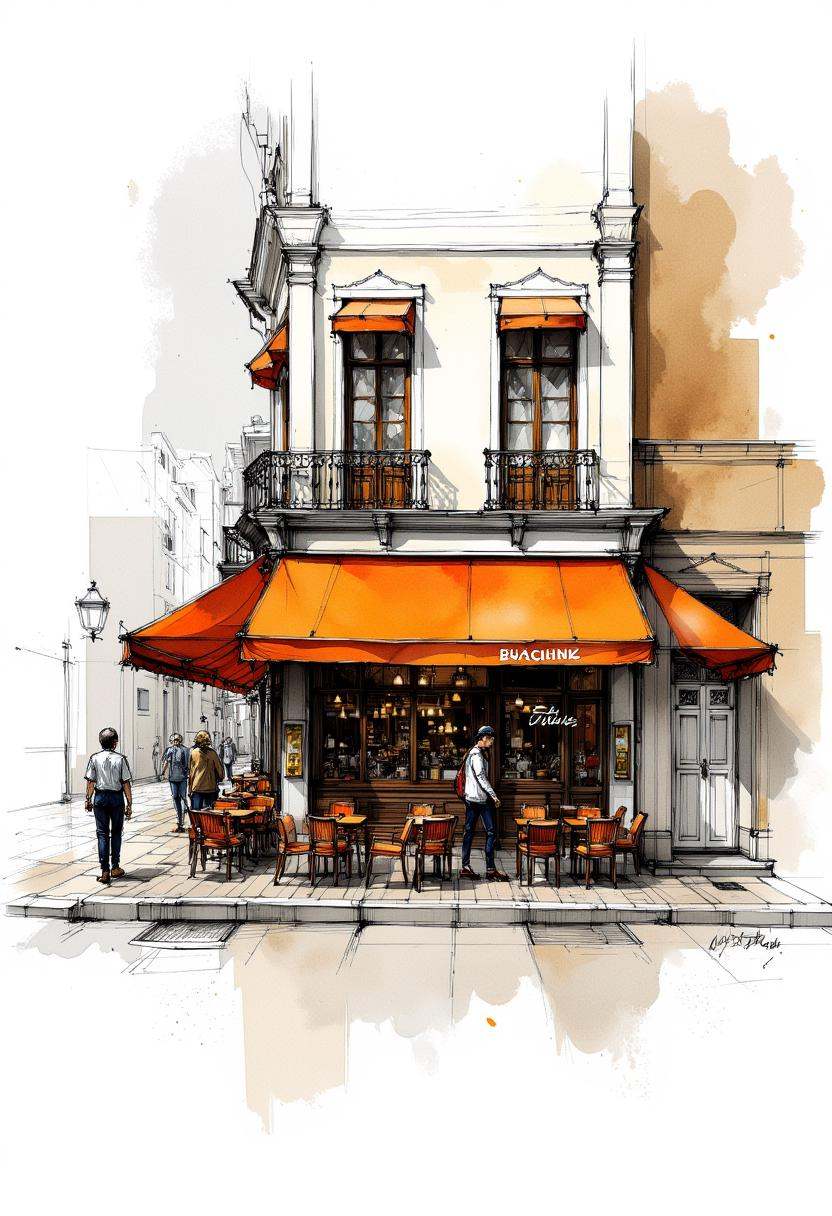 An interior design sketch of a cobblestone street scene with a restaurant with orange awnings and tables and chairs,  few...