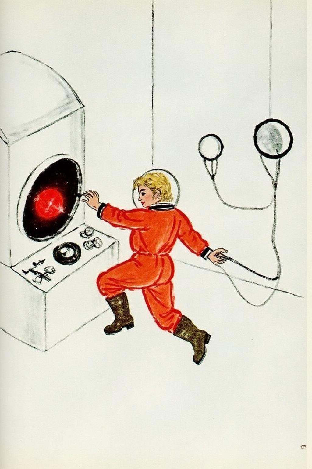 qbs1 minimalist ink wash painting.Overhead sideview of a blonde woman dressed in a orange spacesuit and heavy boots,  is c...