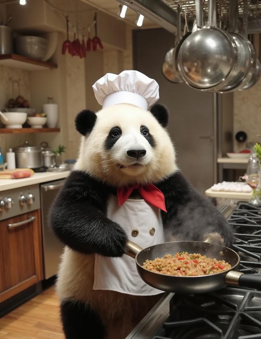 The image is a high-resolution photograph of a baby panda named Huahua,  depicted in a bustling kitchen setting. Huahua ha...