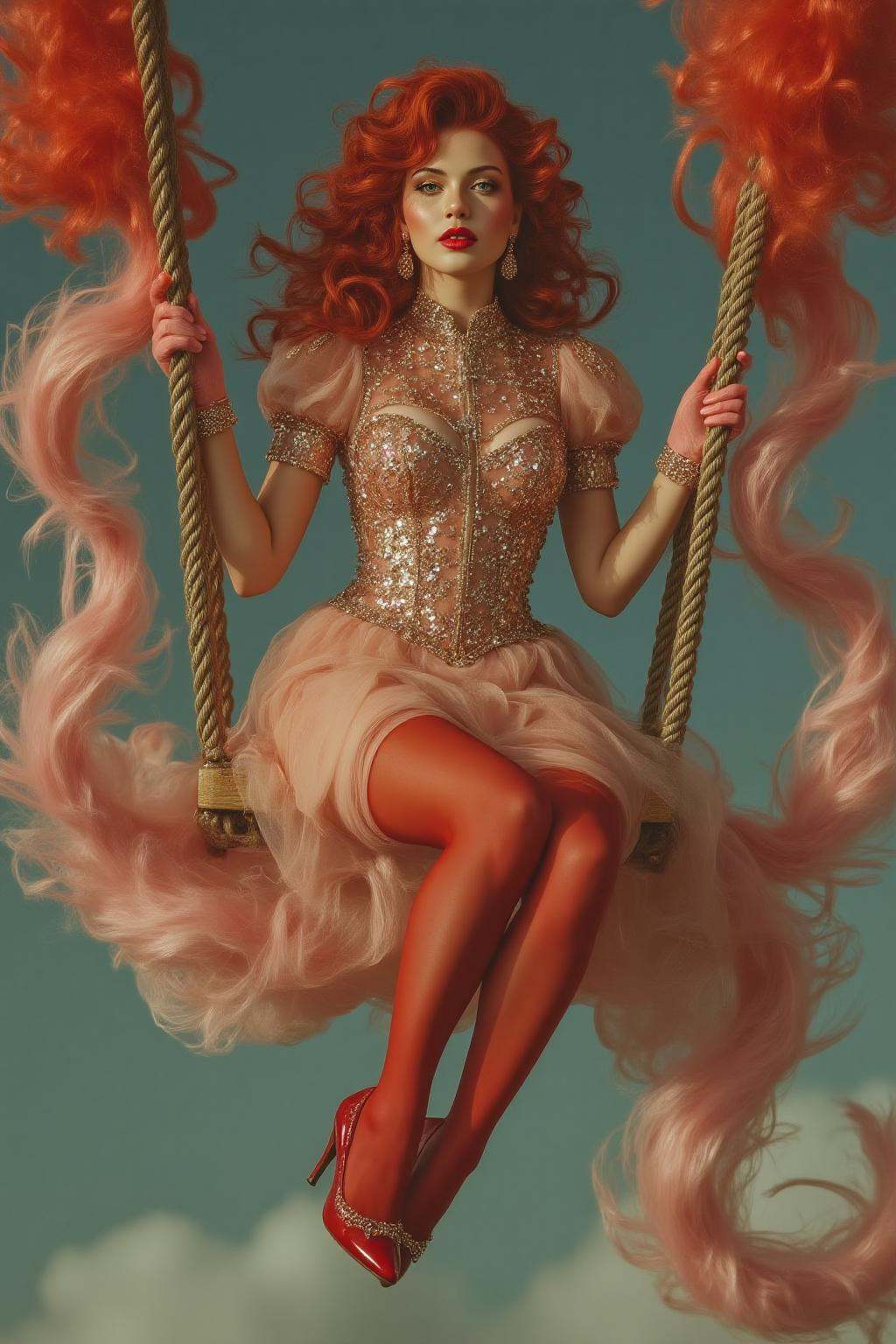 midjourney photograph.erte. A glamorous woman on a swing,  soaring through the air with flowing,  stylized red and pink pl...