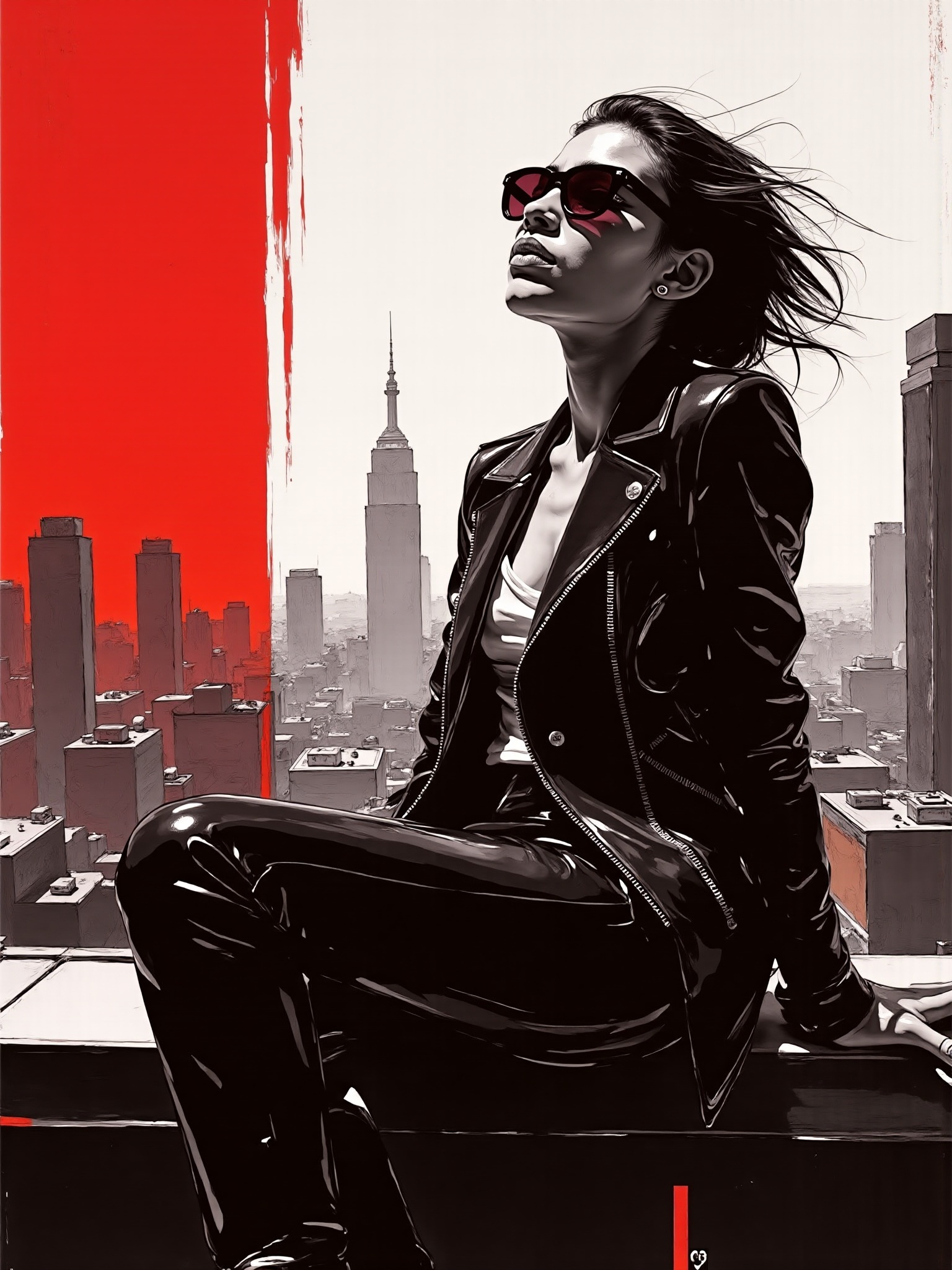 mad-mdrnmnmlsm painting of futuristic clothing,  woman sitting on the roof in a cyberpunk city overlooking a busy brush_st...