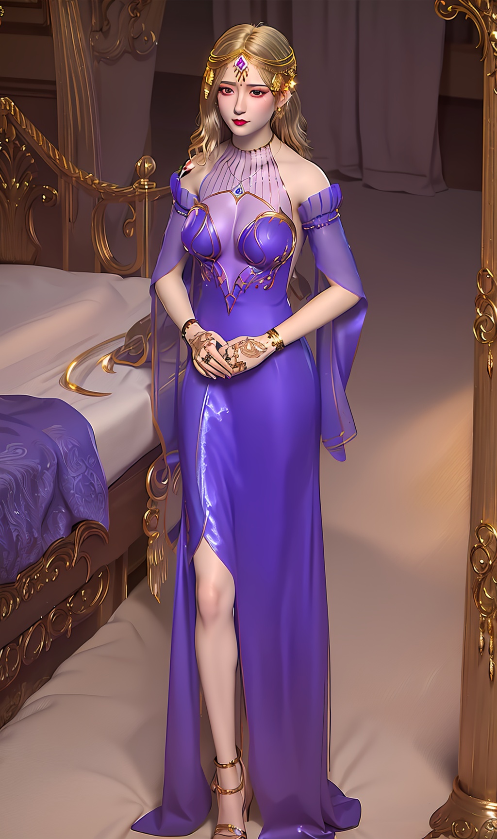 3D,masterpiece,(best quality),(makeup),official art, extremely detailed cg 8k wallpaper,((crystalstexture skin)), (extremely delicate and beautiful),(highly detailed),(face),(tiara),(gold_trim),(bracelet),(1girl), (solo), (jewelry), (earrings),(blonde_hair),(long_hair),(hair_ornament),(handwear),(breasts),(standing),((full_body,whole_body)),(closed_mouth),(long_dress),(skirt),(shiny_clothes),(city,outdoor,bed),(long_legs),(robe),,((looking_at_viewer)),((Facing the camera)),(high_heels),, <lora:hipoly3DModelLora_v10:0.3>