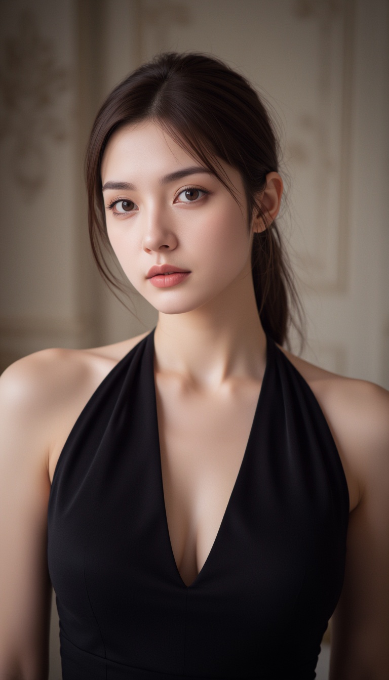 An elegant and poised studio-style photograph with a focus on classic beauty. A young woman in a sophisticated black halte...