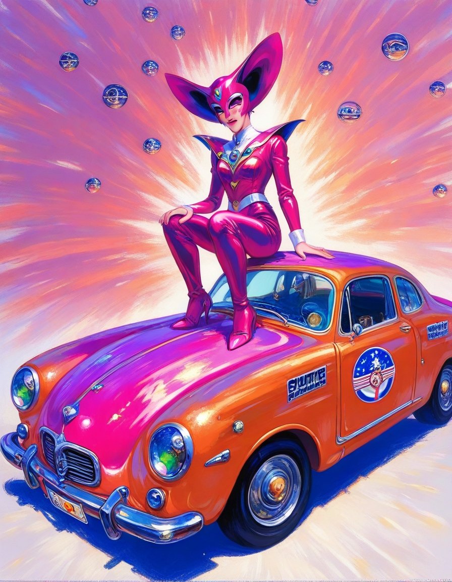2 rich old ladies wearing fancy freaky pink batwoman costumes,  jumpsuites with yellow bat logo on the chest,  sitting at...