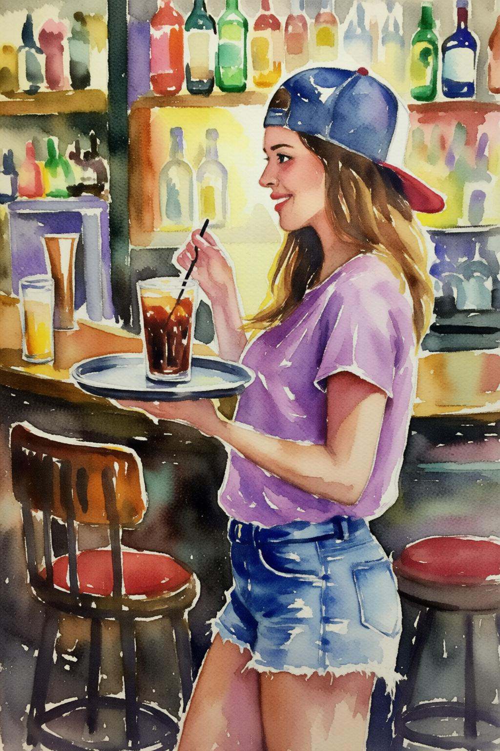 watercolorbasic2q watercolor painting.The air buzzes with the energy of a busy bar,  a mix of music,  conversation on Tens...