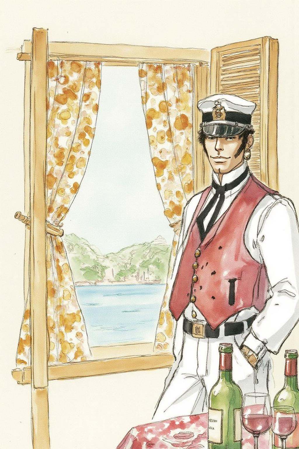hugop1 watercolor illustration. A watercolor drawing depicting a sailor standing in front of a window with a view of a ser...