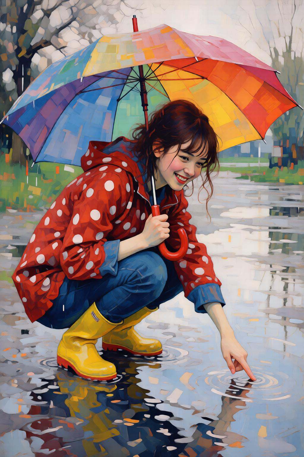 kaoruyamada2q painting. A young woman,  angled from slightly above and to the right,  crouching low to the ground in a pud...