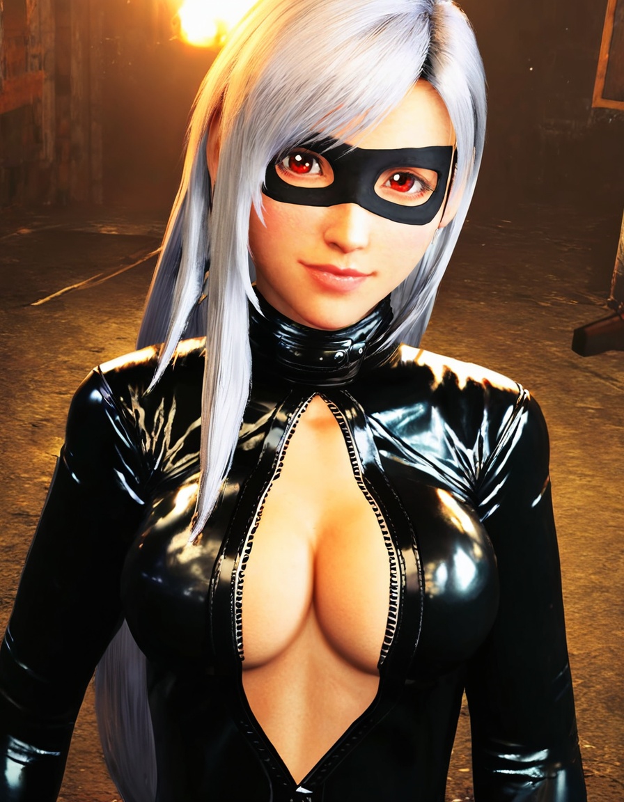 TifaCatsuit,  Create a high-resolution digital portrait of a young woman with long silver hair,  wearing a sleek black lea...