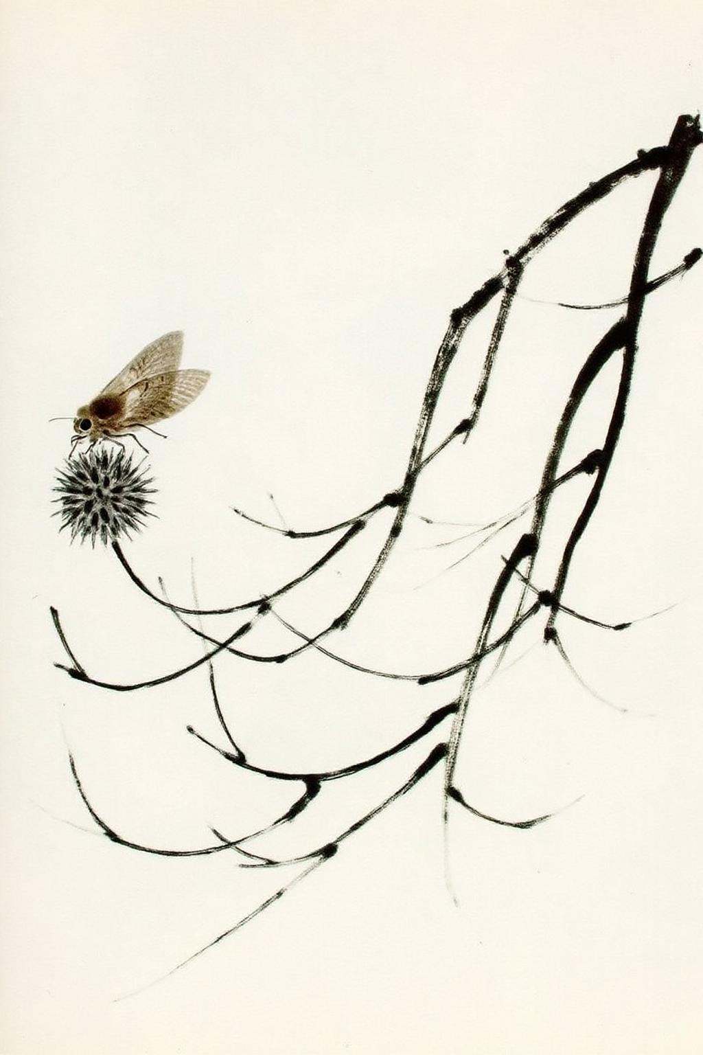 qbs1 ink wash paintinga traditional ink and watercolor style,  depicting a delicate and intricate scene of a cicada and a...