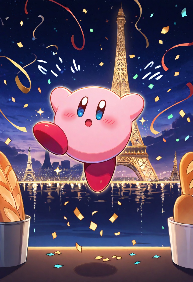 action freeze frame,  Kirby poledancing_eiffel_tower,  comedy_spotlight_effect on Tensor.Art